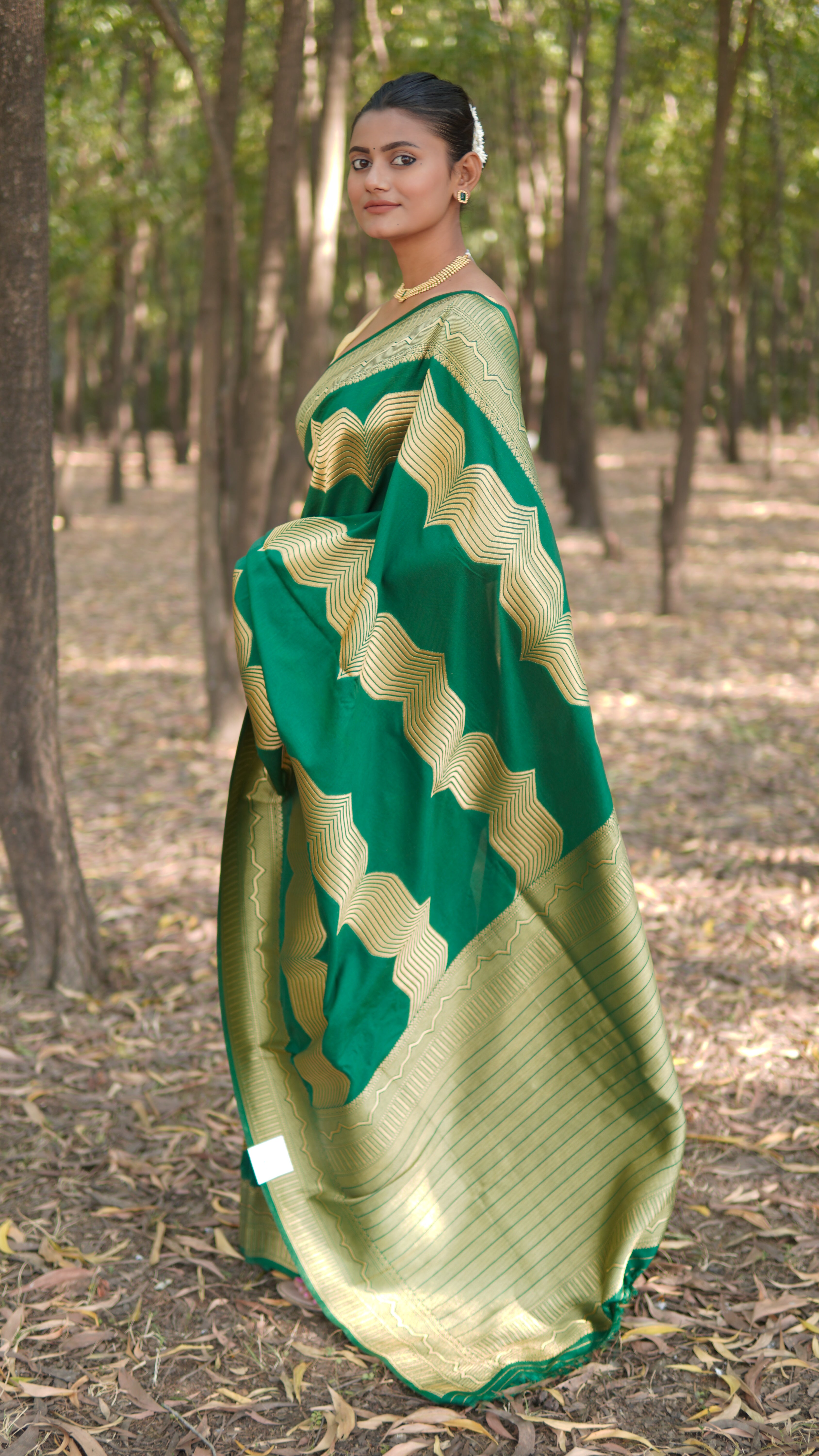 Banrasi katan stripe jari saree Emerald Green