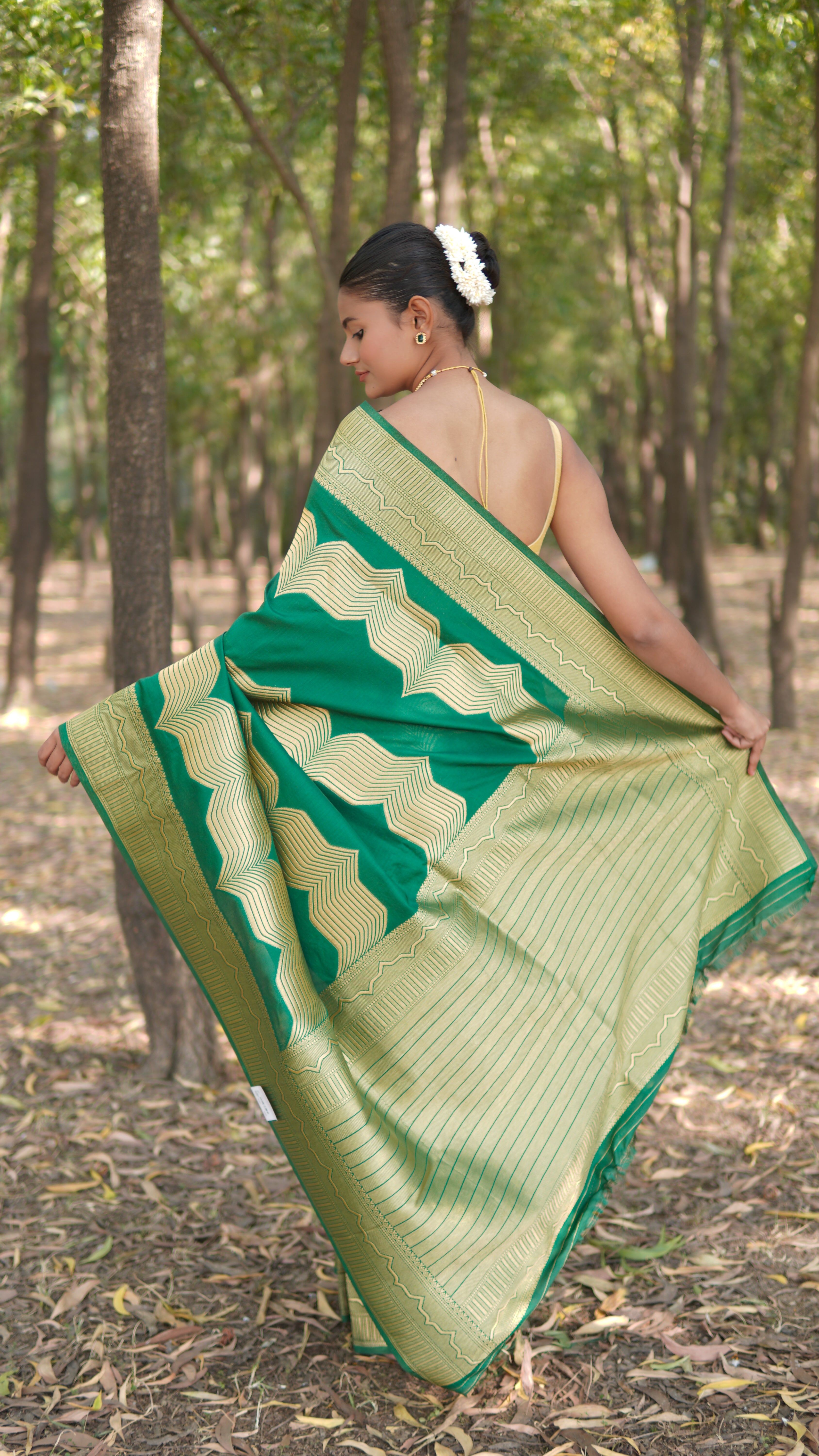 Banrasi katan stripe jari saree Emerald Green