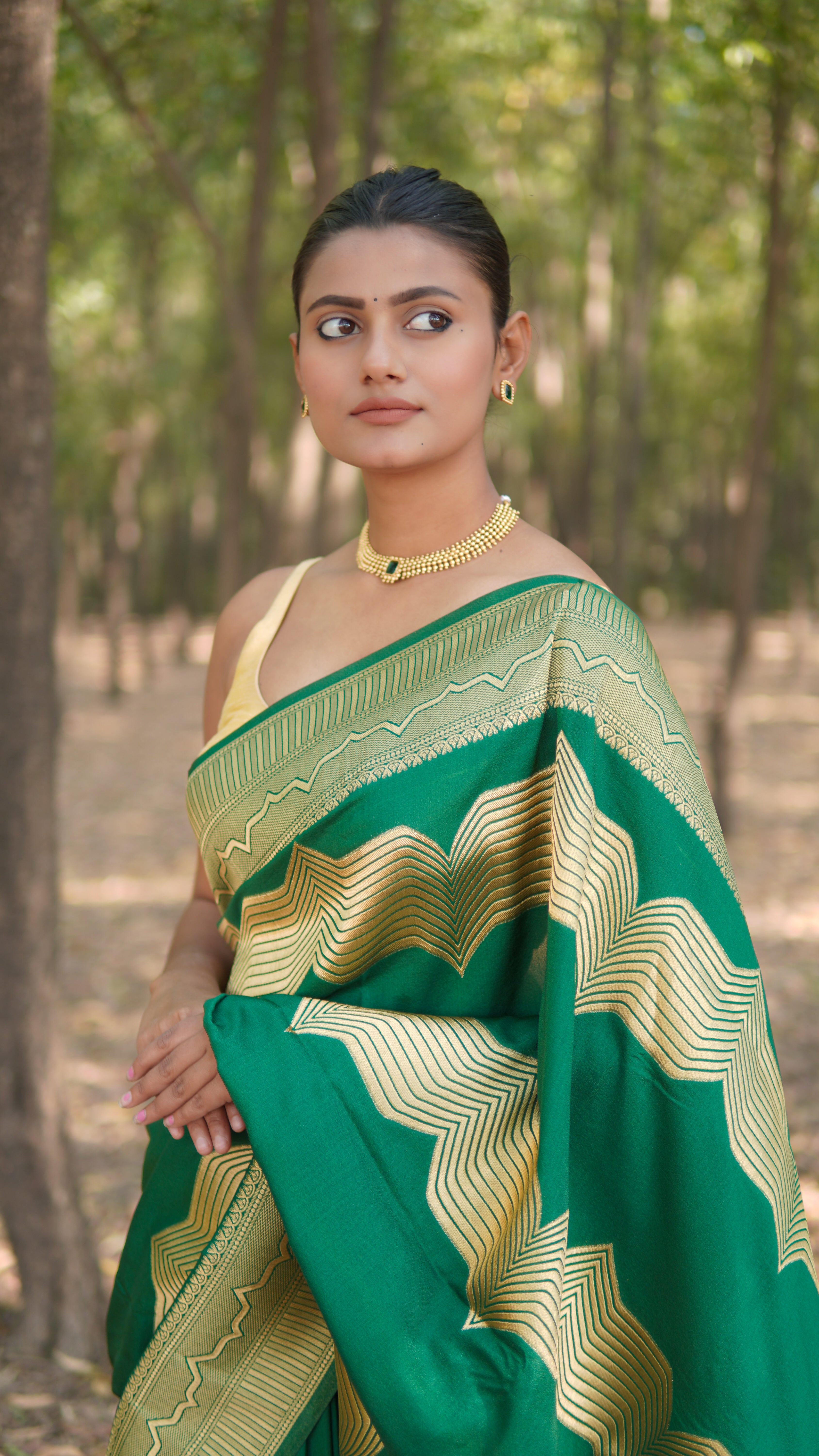 Banrasi katan stripe jari saree Emerald Green