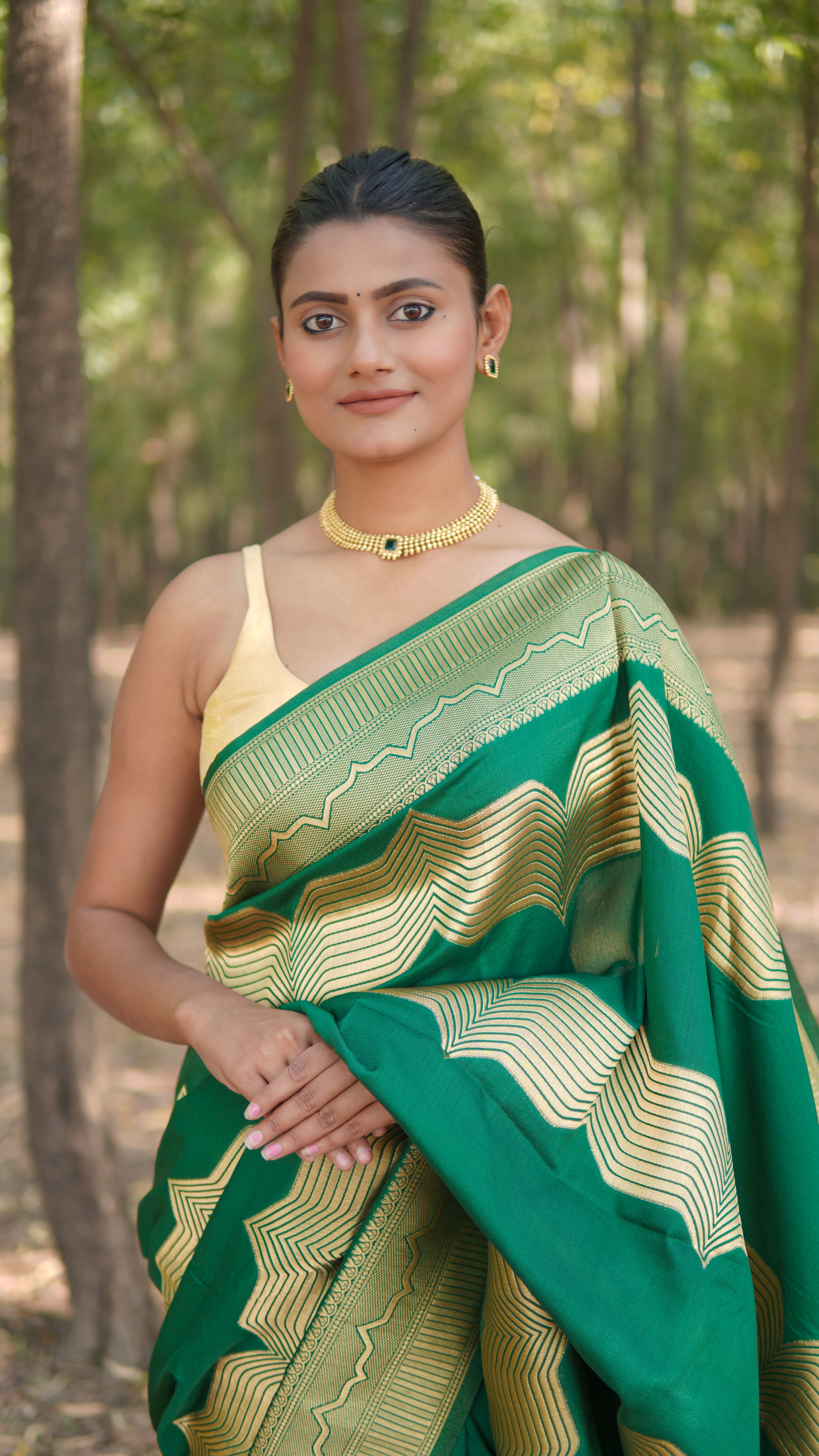 Banrasi katan stripe jari saree Emerald Green