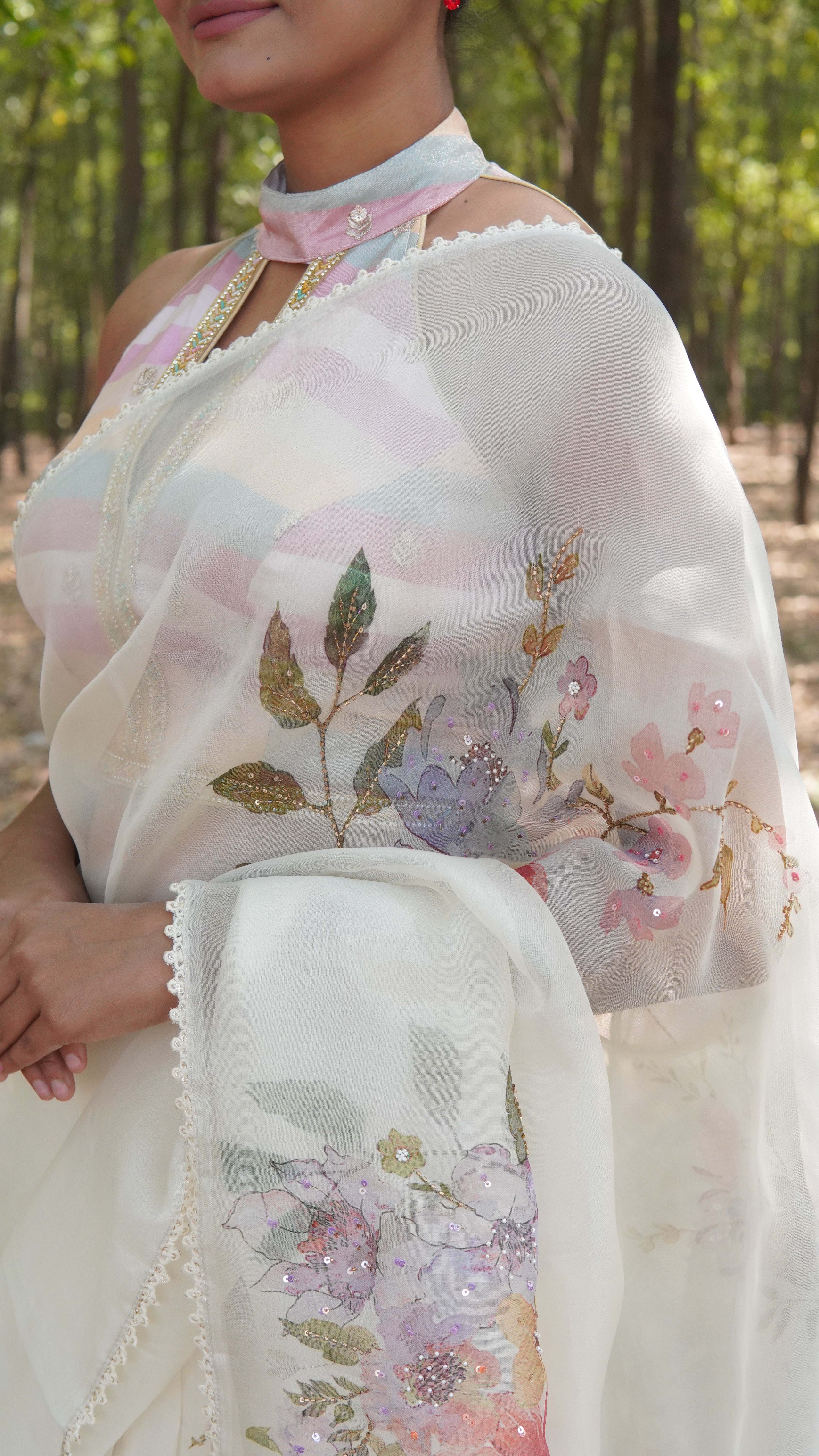 Banarasi Silk Organza Embroidery Saree - White