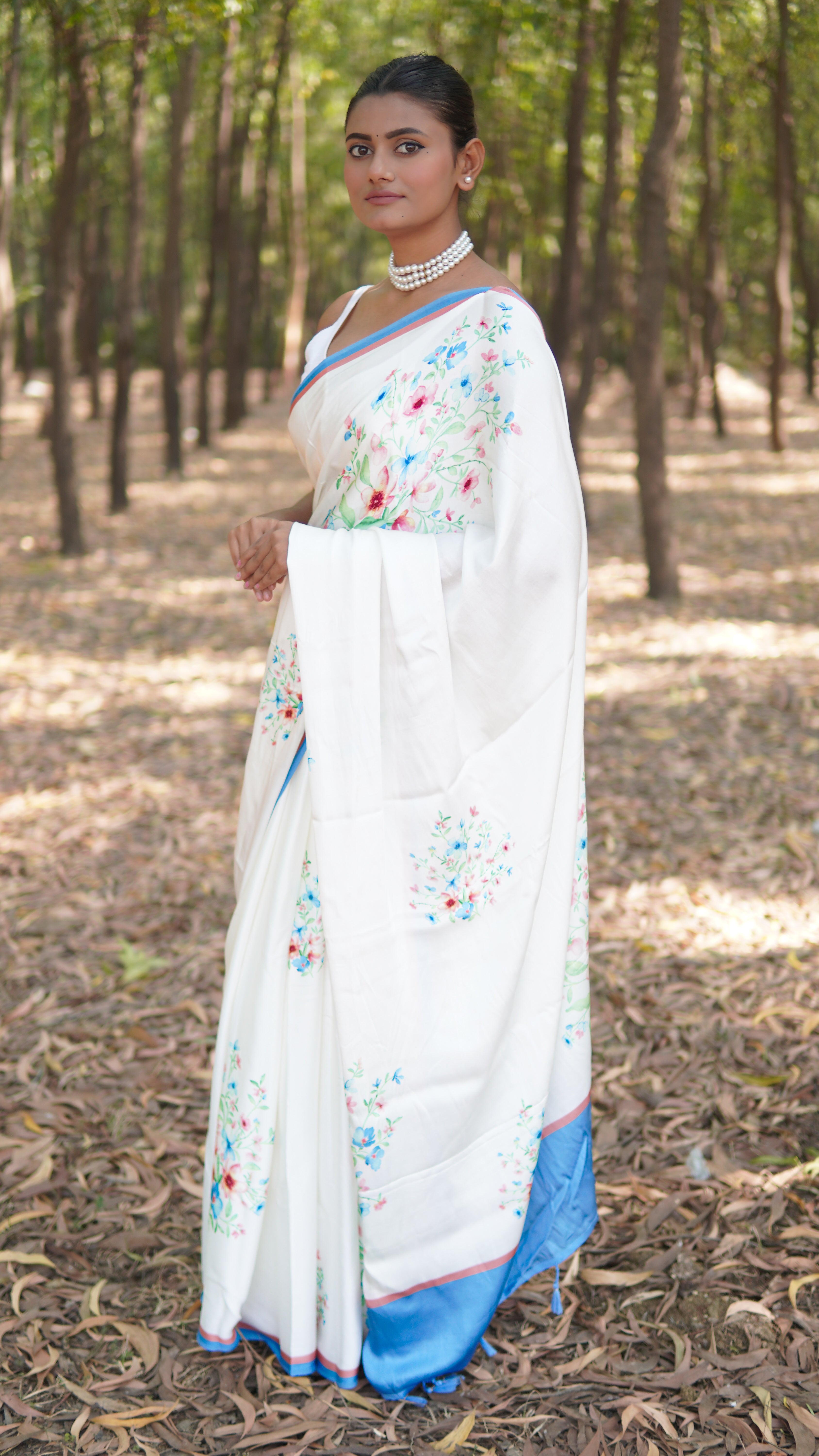 Banarasi satin silk printed saree - White