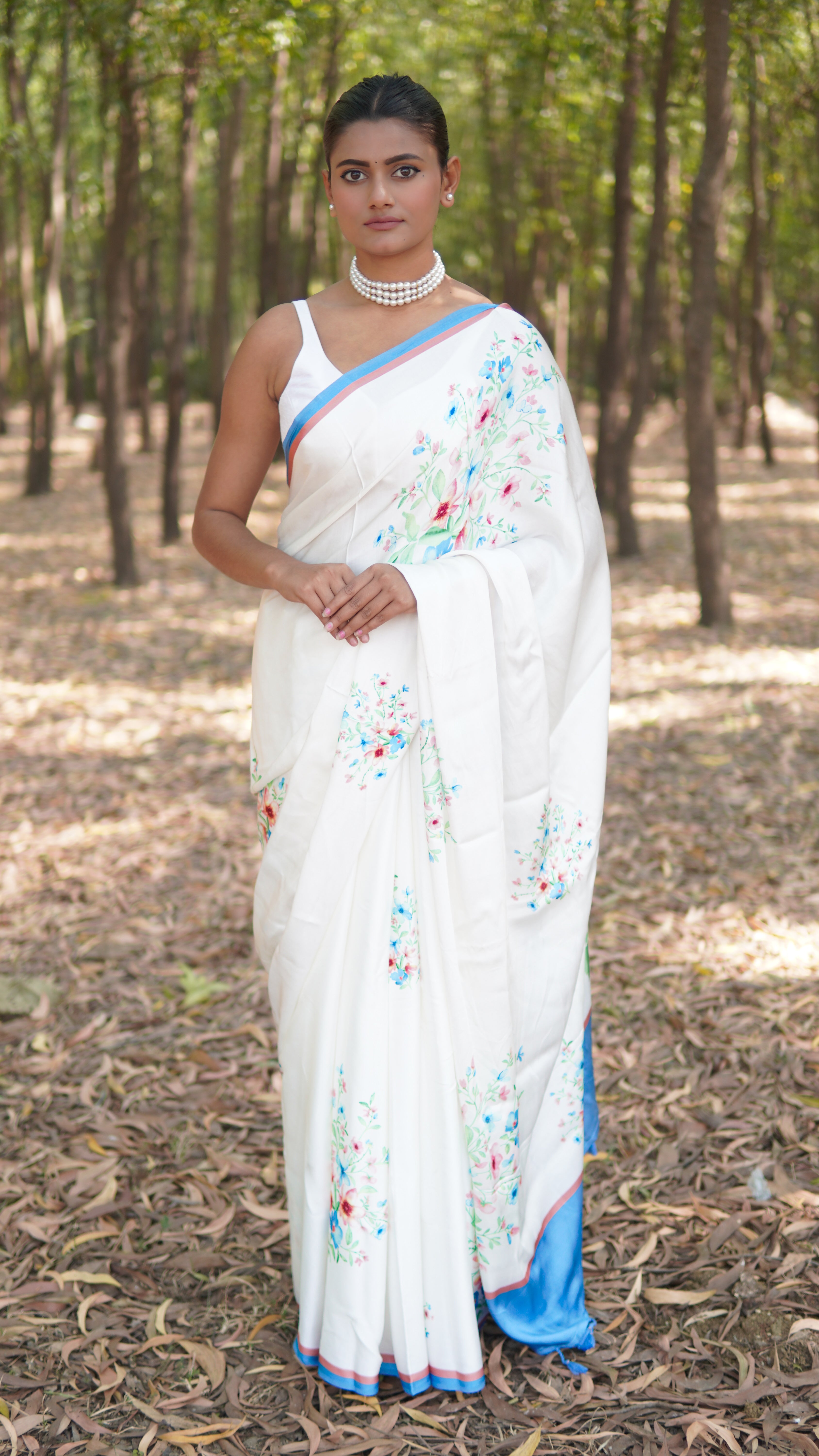 Banarasi satin silk printed saree - White