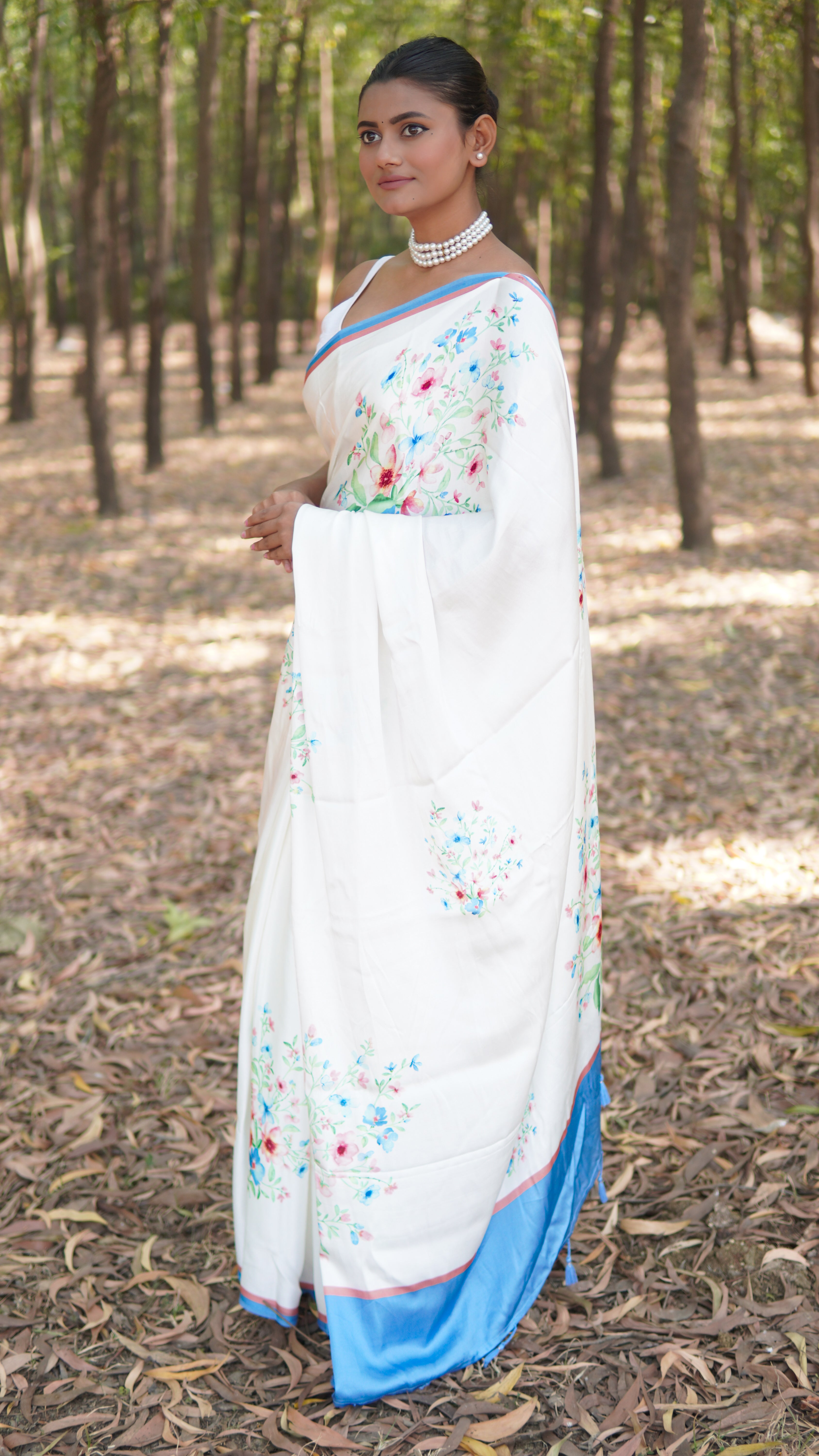 Banarasi satin silk printed saree - White
