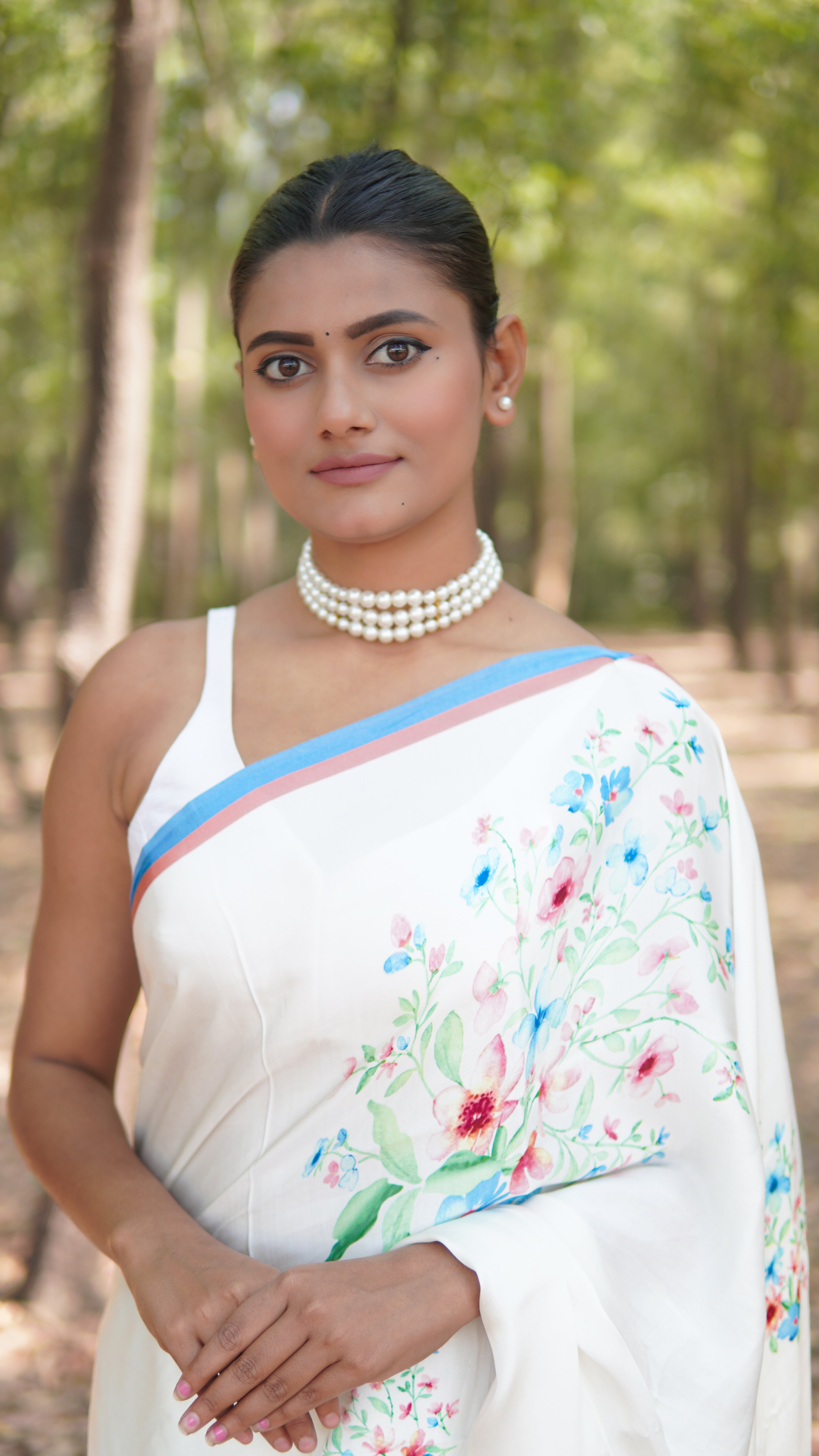 Banarasi satin silk printed saree - White