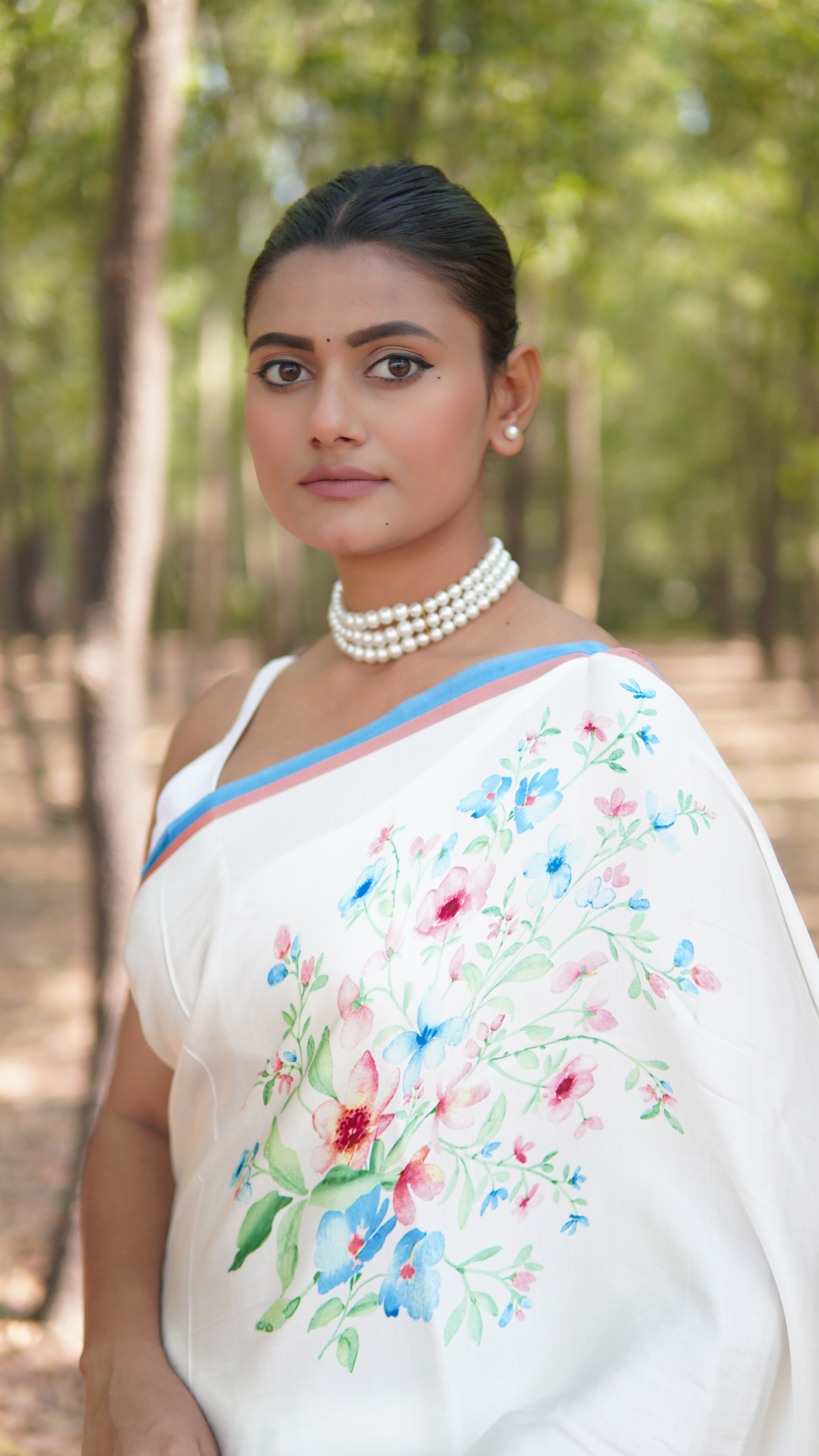 Banarasi satin silk printed saree - White