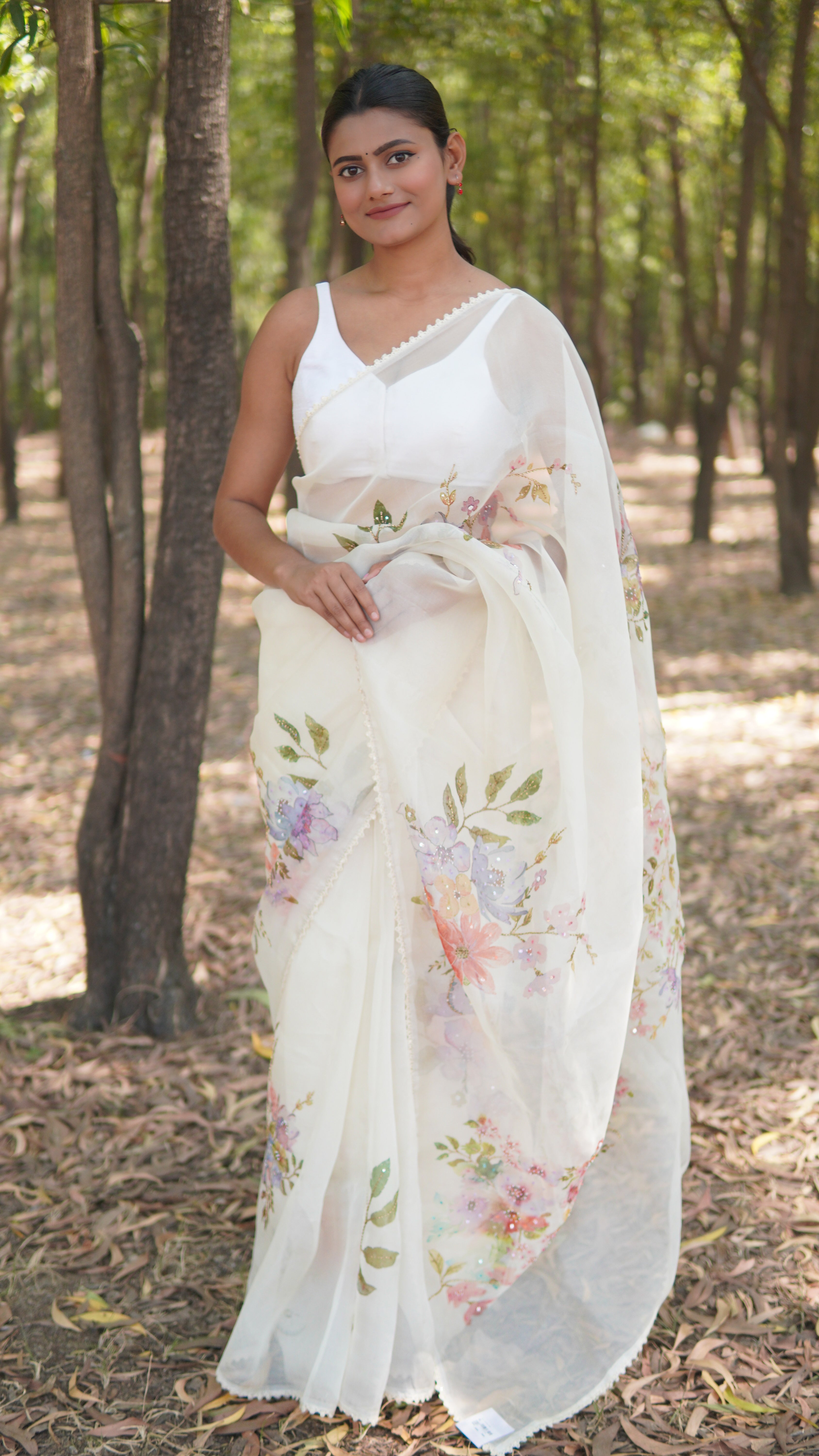 Banarasi Silk Organza Embroidery Saree - White