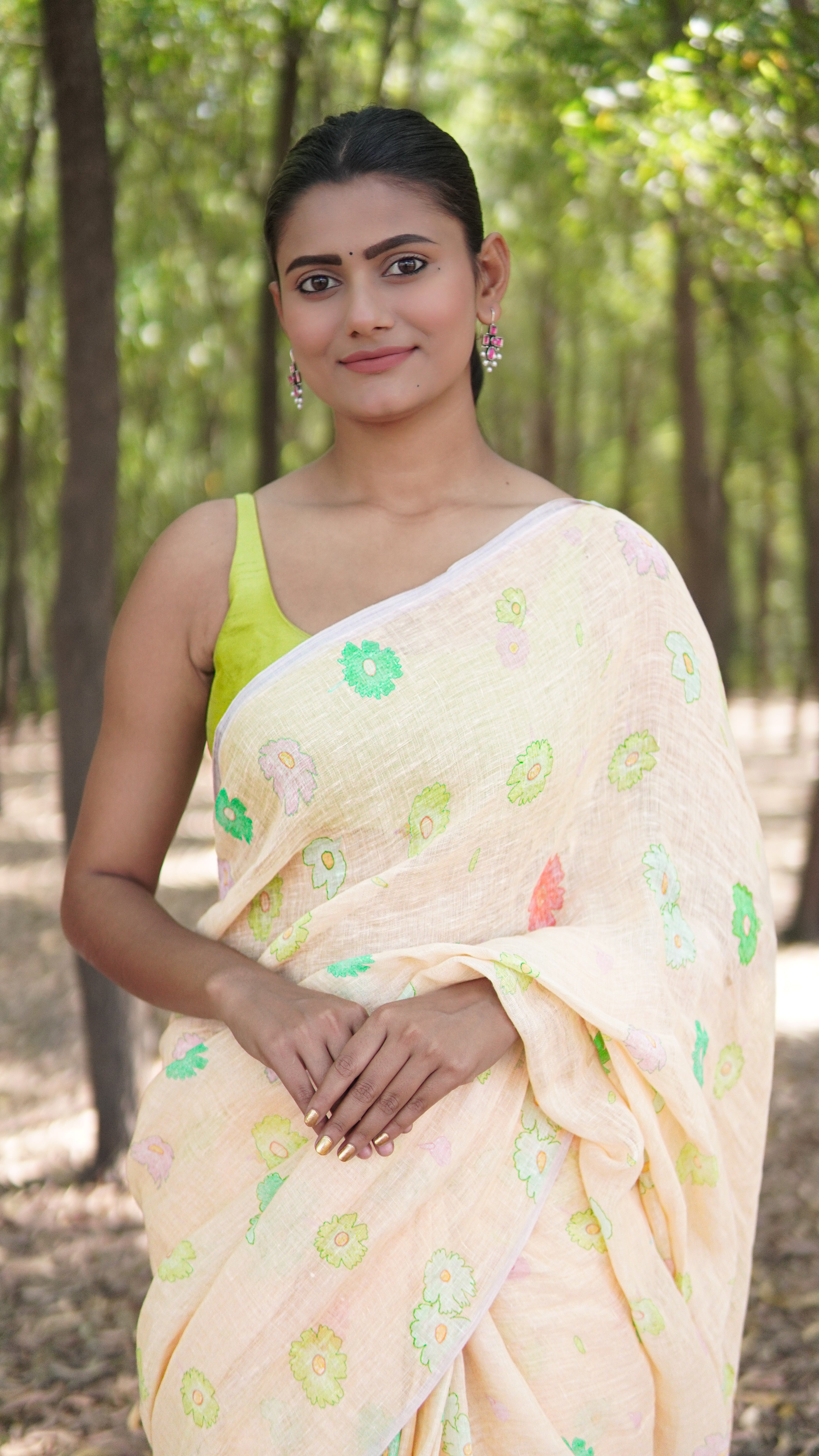 Banarasi silk linen digital printed saree - Pastel Yellow