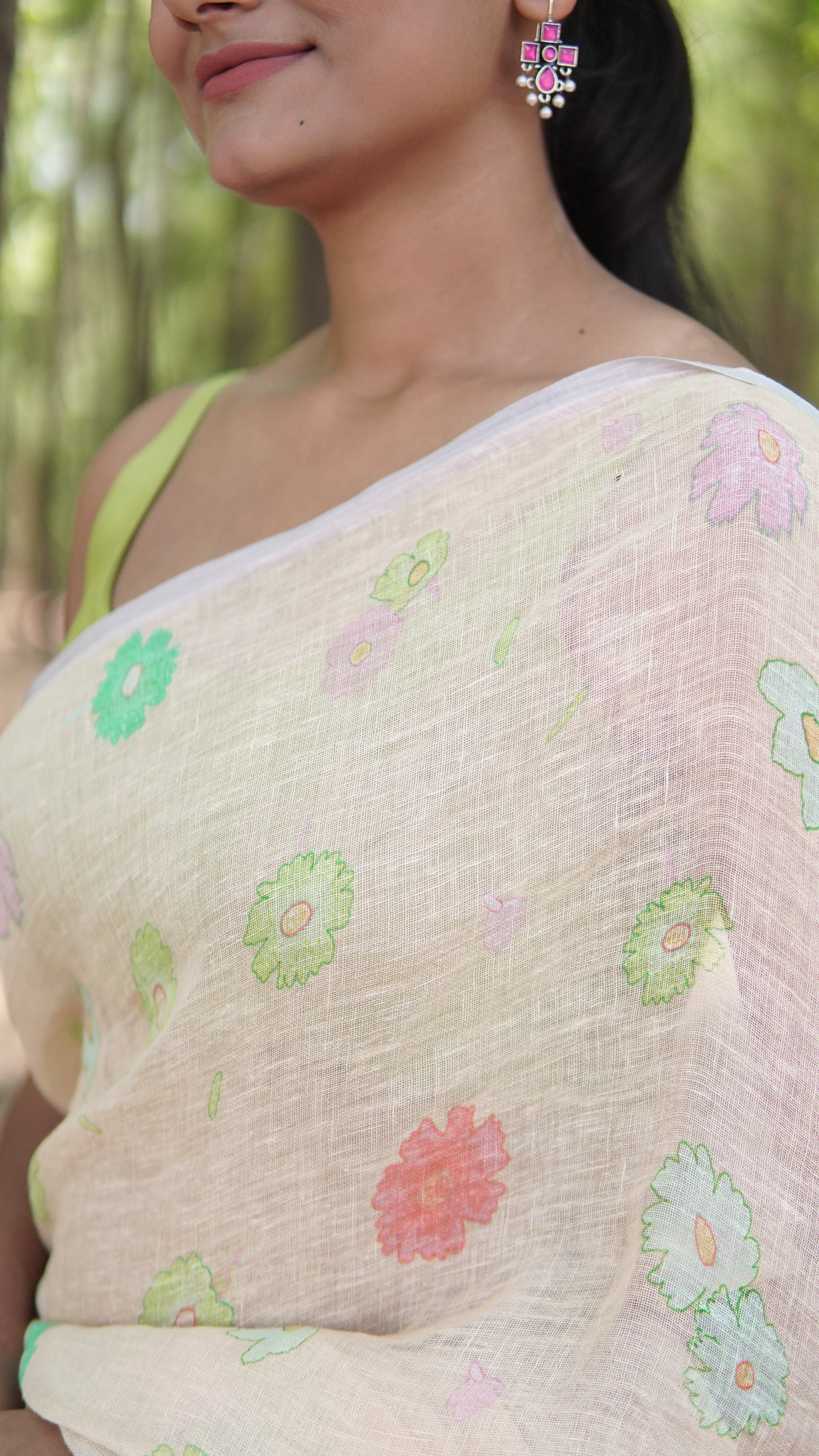 Banarasi silk linen digital printed saree - Pastel Yellow