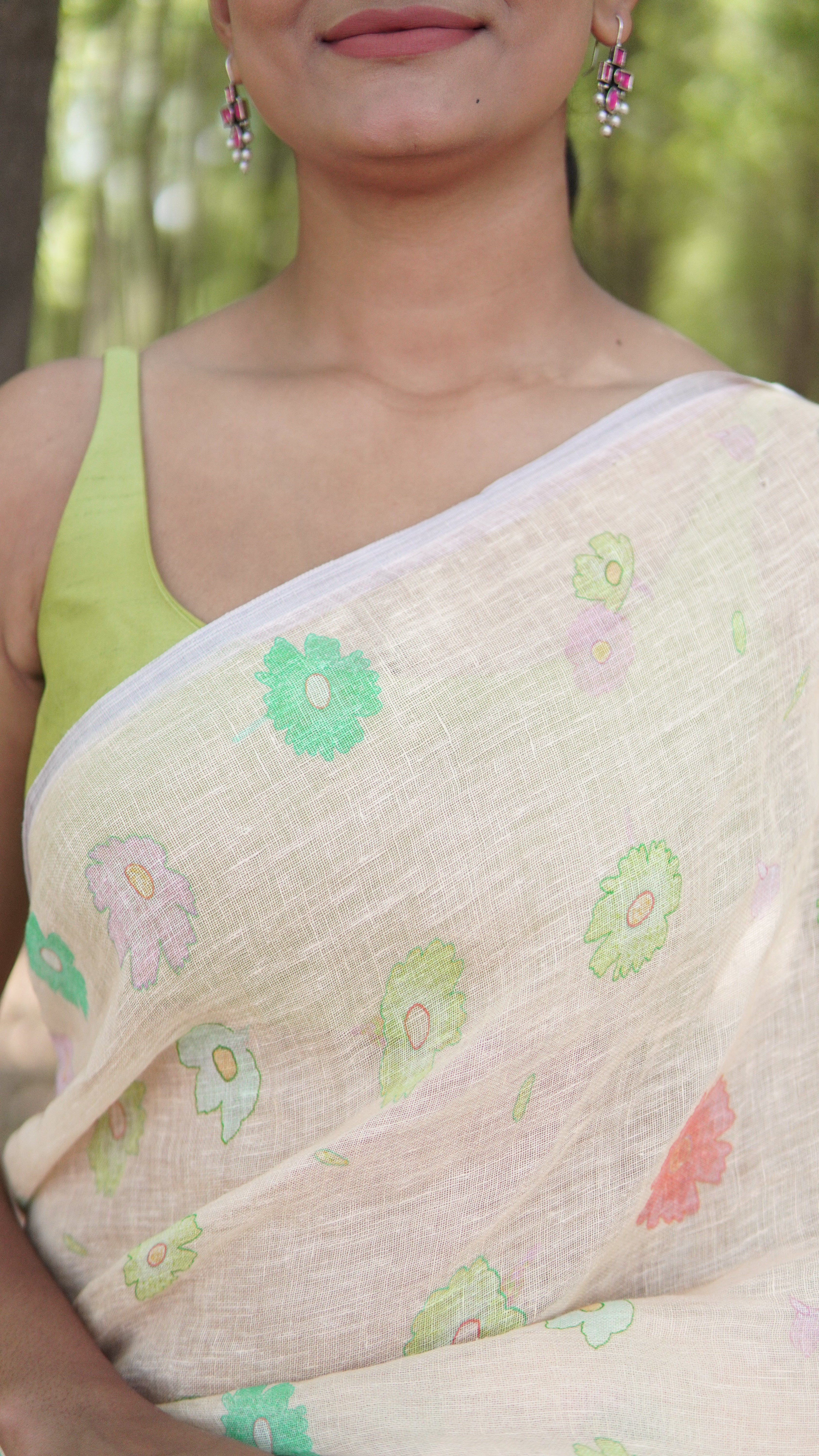 Banarasi silk linen digital printed saree - Pastel Yellow