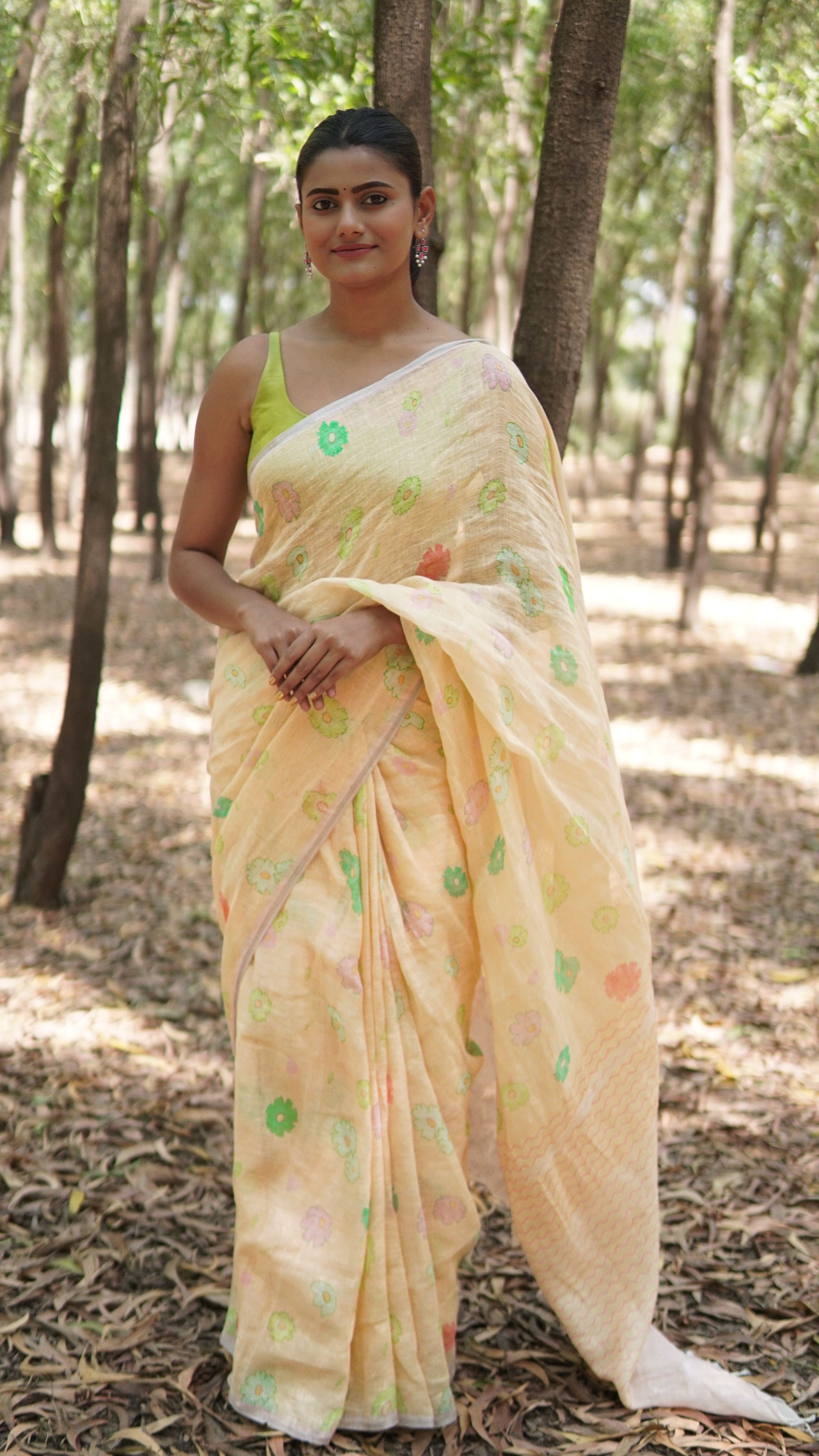 Banarasi silk linen digital printed saree - Pastel Yellow