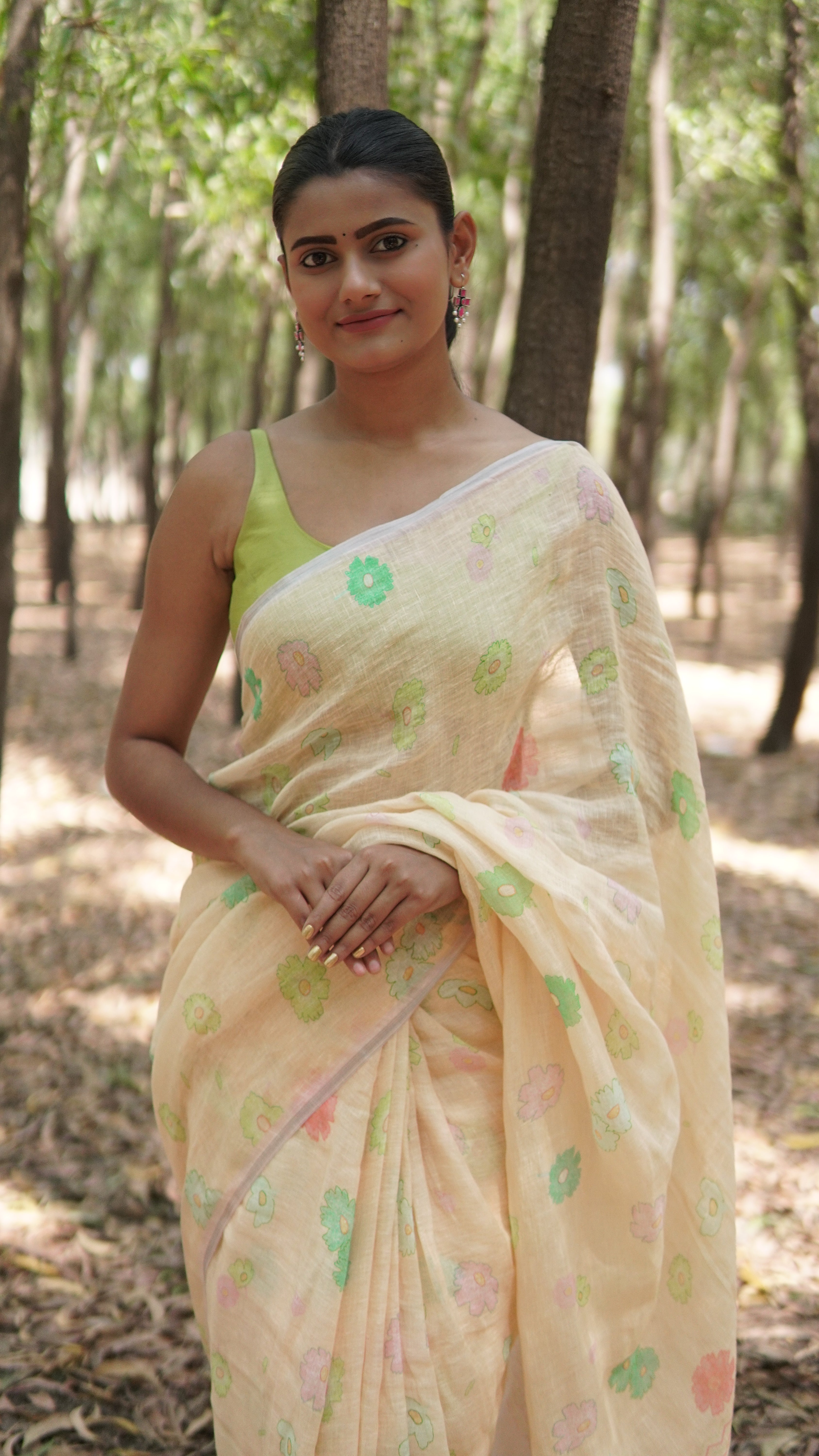Banarasi silk linen digital printed saree - Pastel Yellow