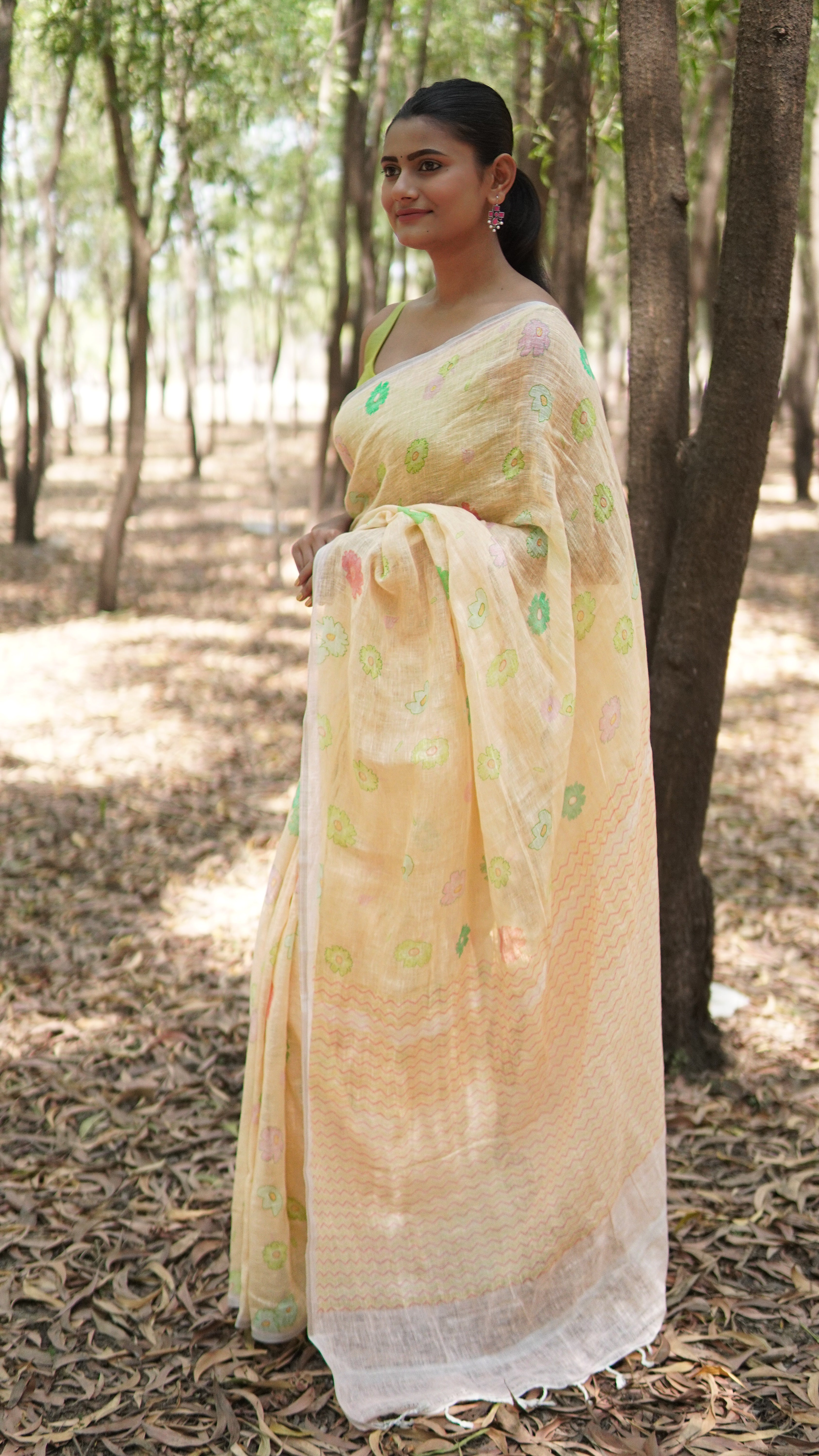Banarasi silk linen digital printed saree - Pastel Yellow