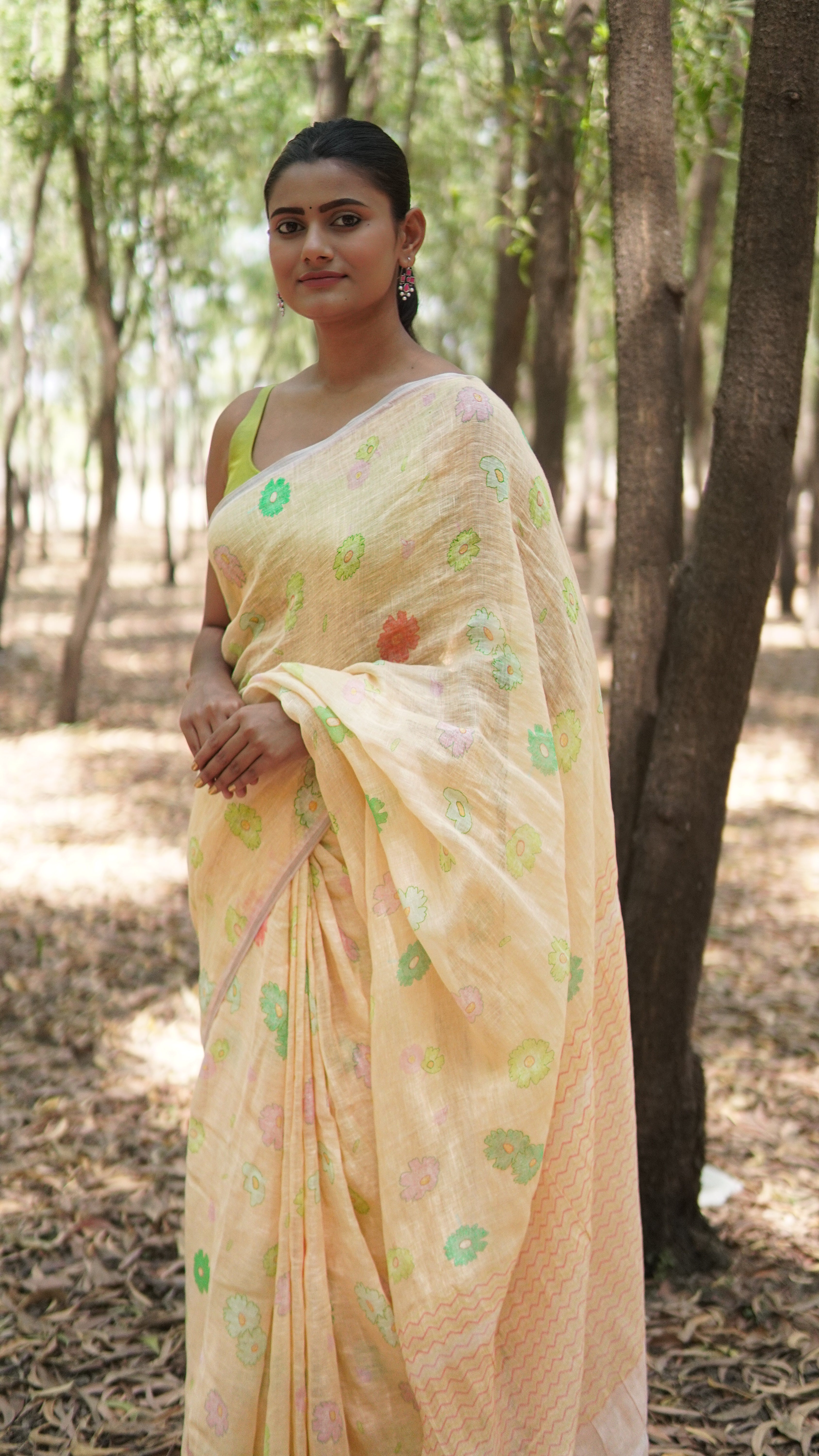 Banarasi silk linen digital printed saree - Pastel Yellow