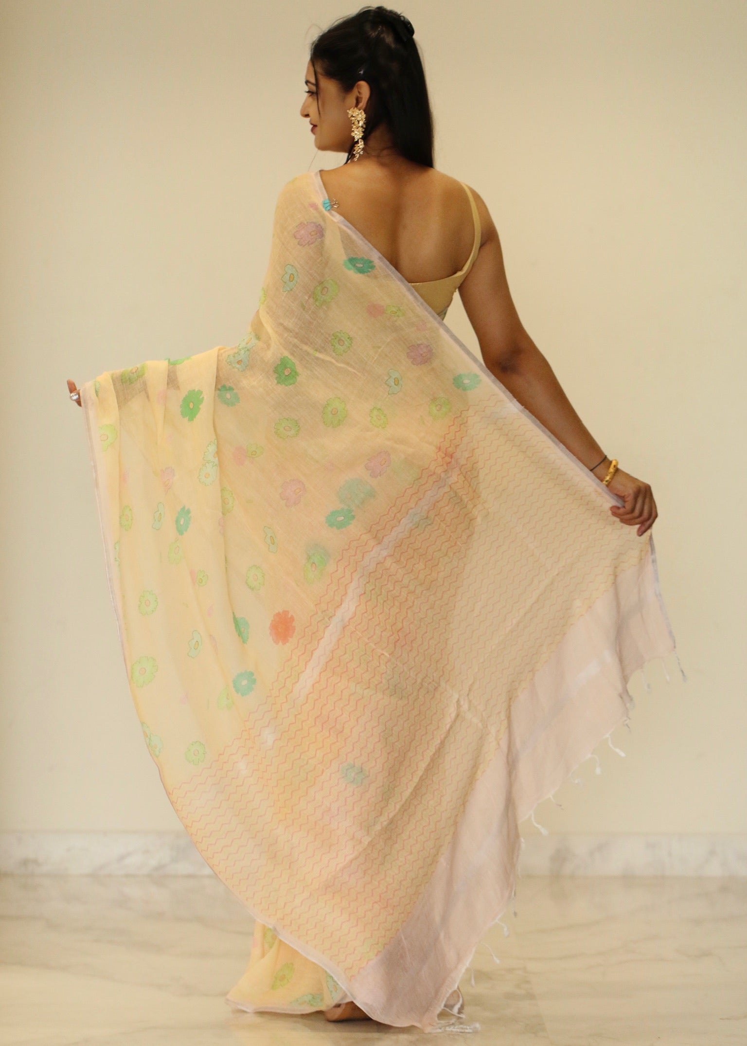 Banarasi silk linen digital printed saree - Pastel Yellow