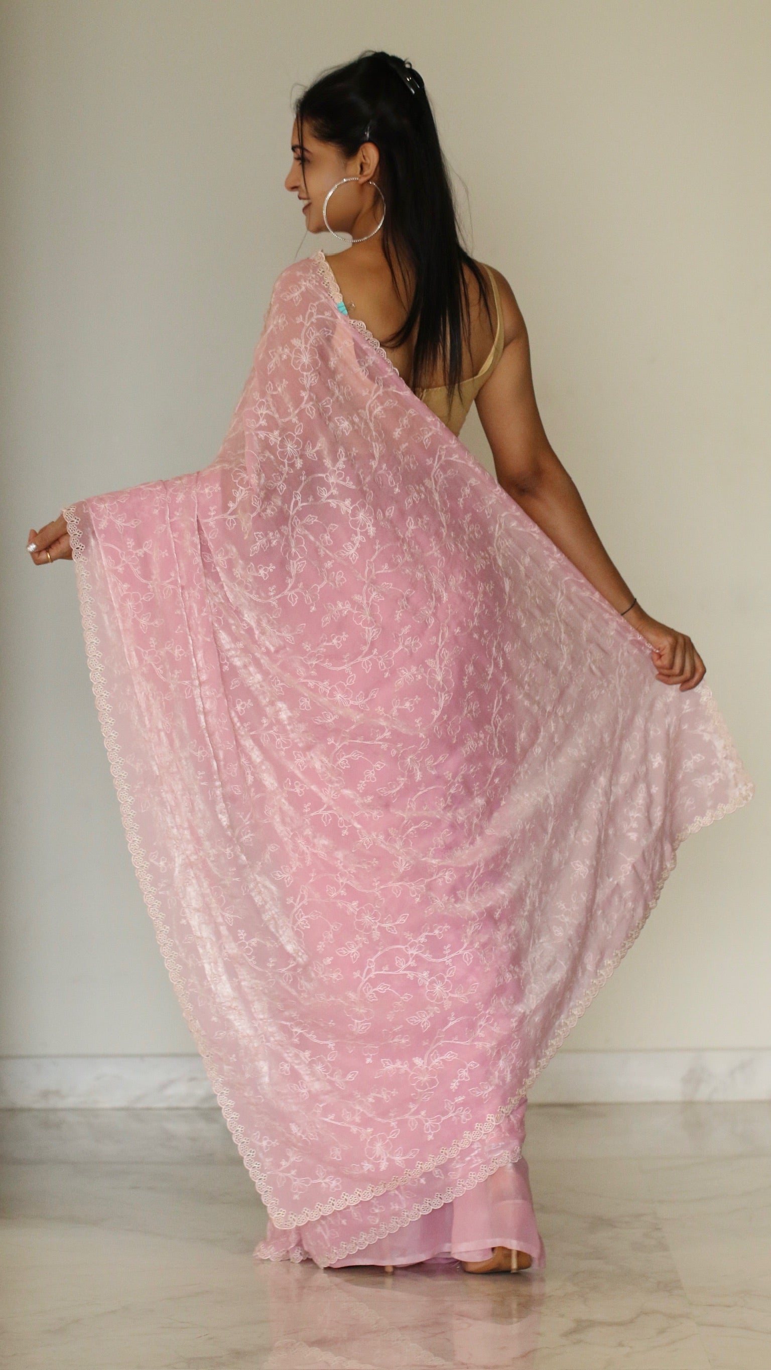Banarasi fancy tissue Embroidery saree - Pastel Pink