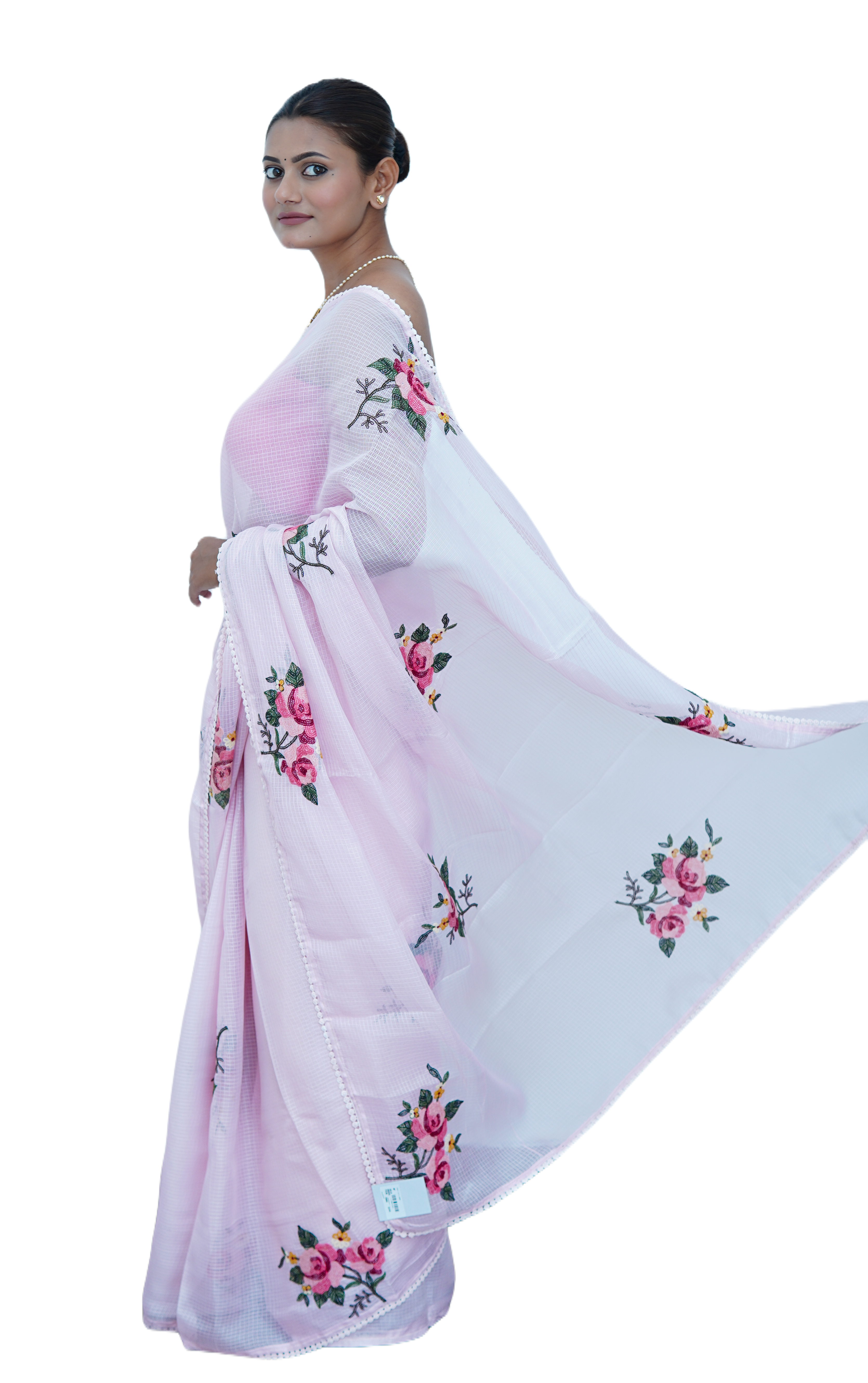 Banarasi fancy kota embroidery saree-Blush pink