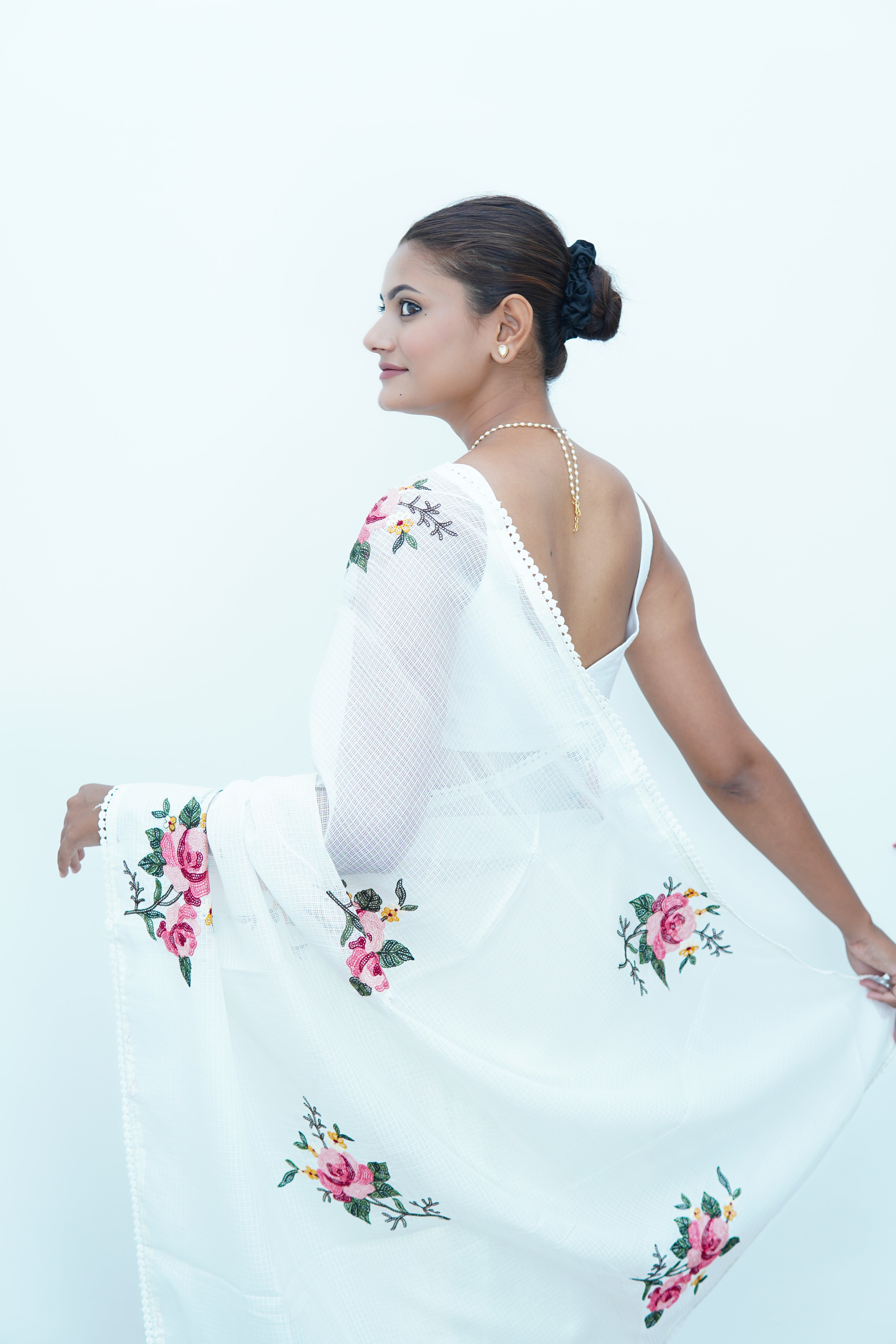 Banarasi fancy Kota embroidery Saree- white