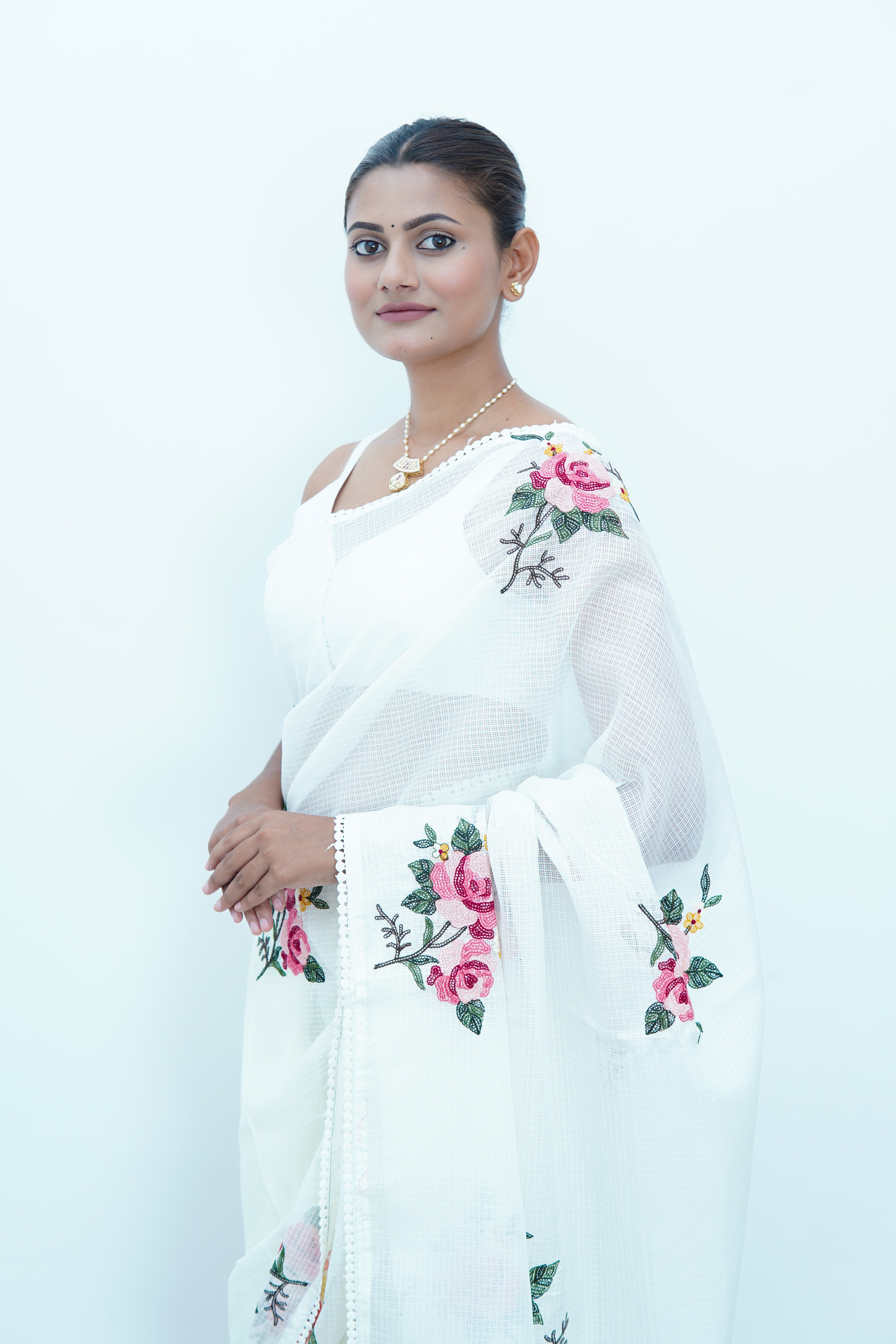 Banarasi fancy Kota embroidery Saree- white