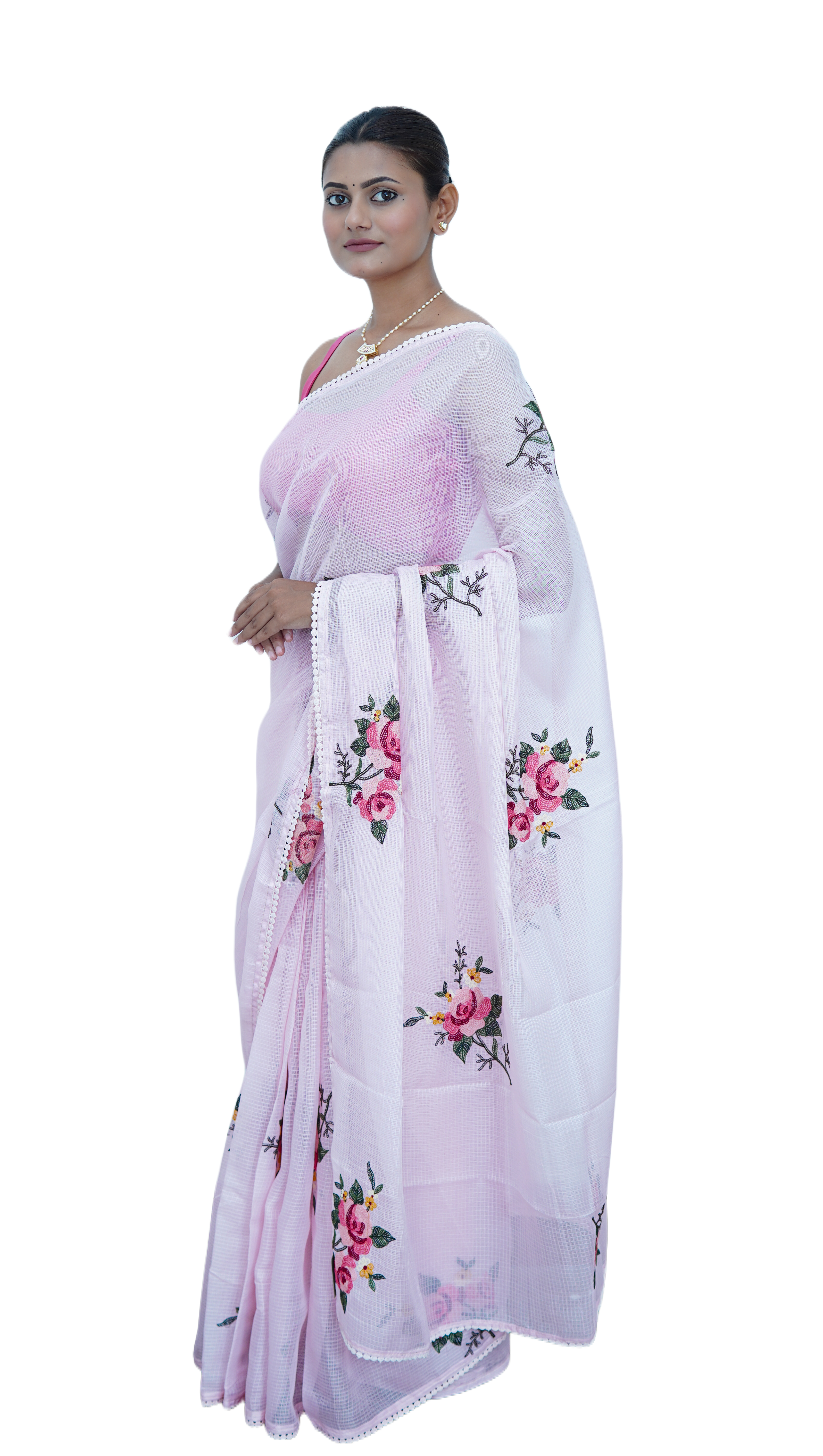 Banarasi fancy kota embroidery saree-Blush pink