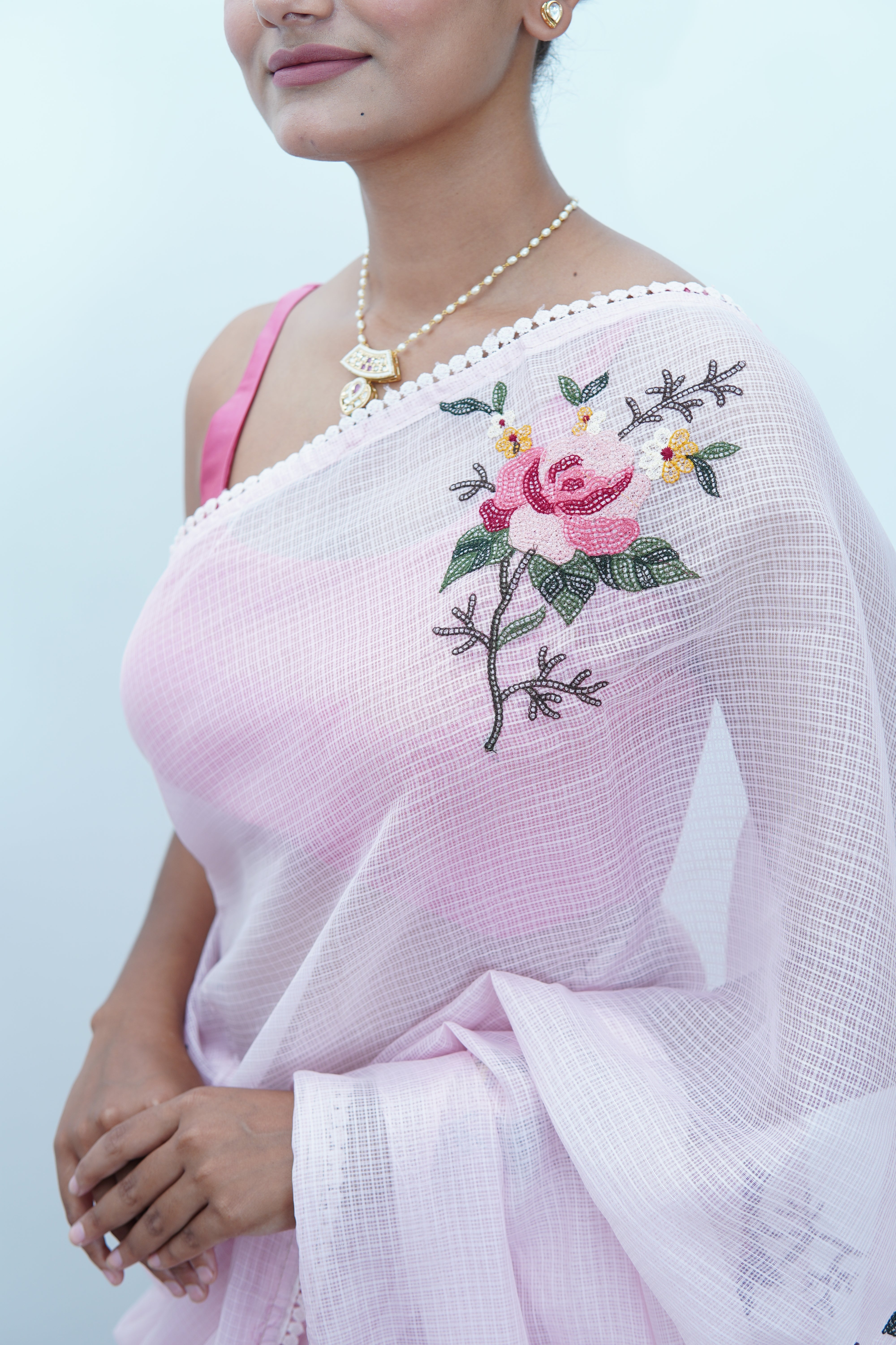 Banarasi fancy kota embroidery saree-Blush pink