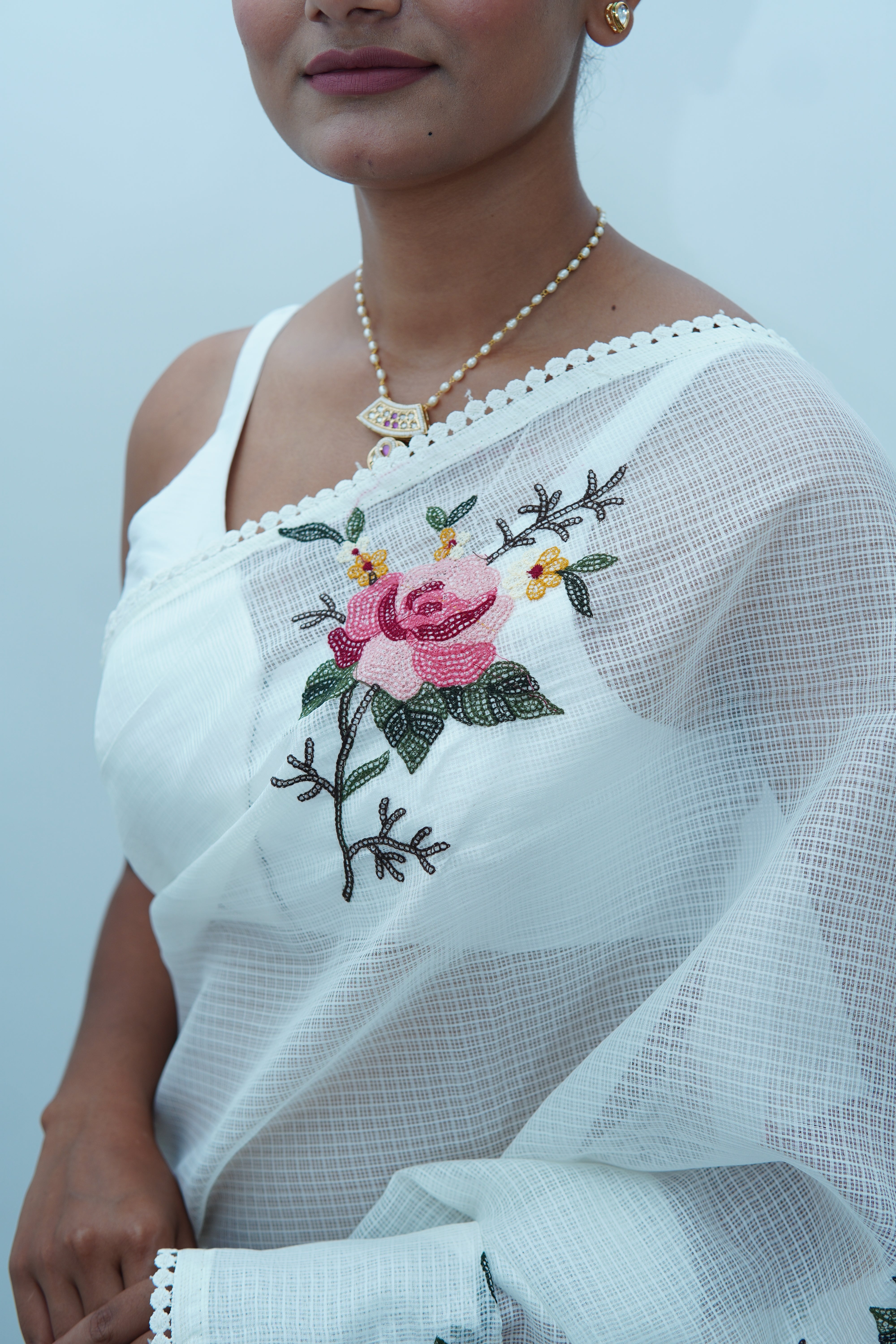 Banarasi fancy Kota embroidery Saree- white