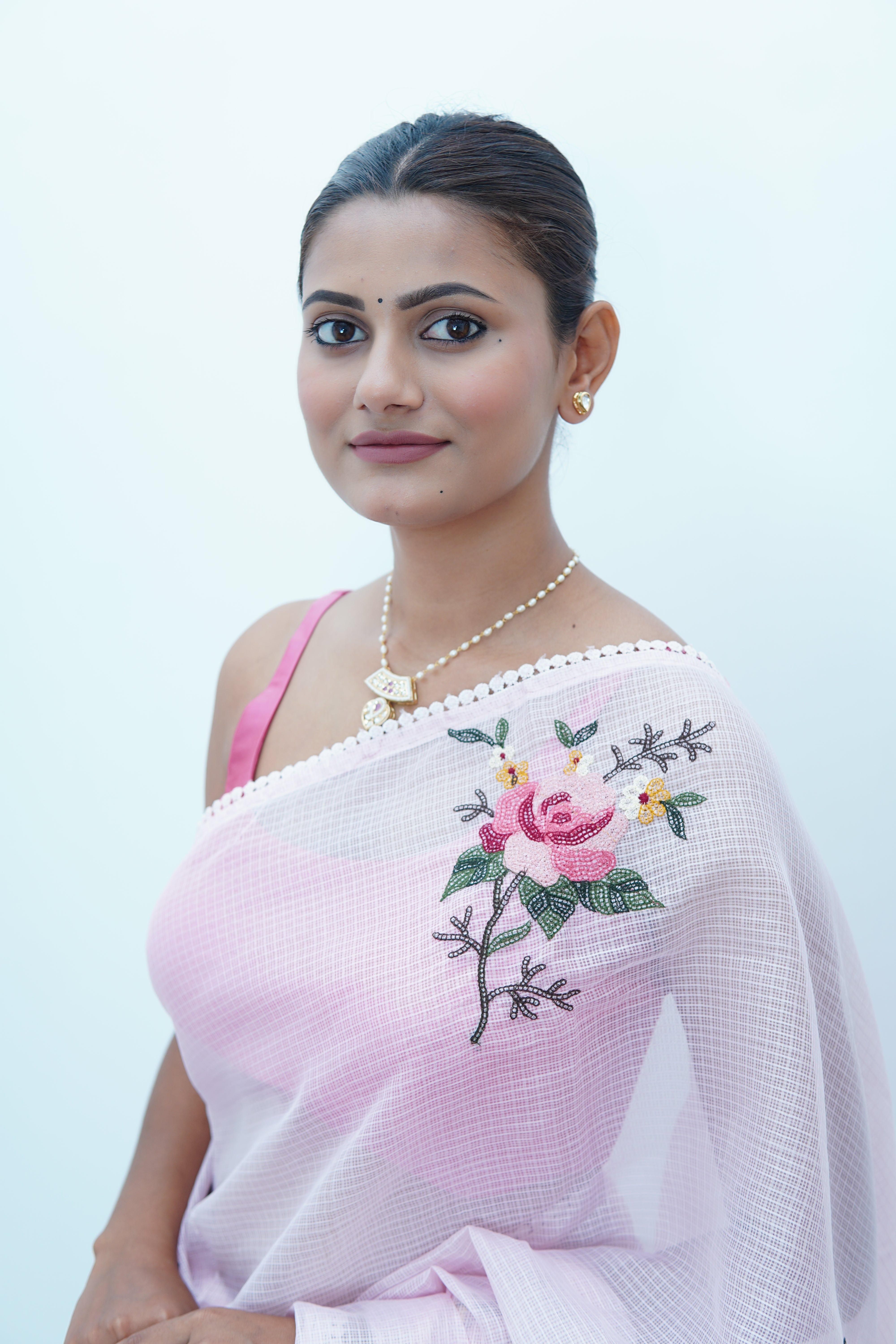 Banarasi fancy kota embroidery saree-Blush pink