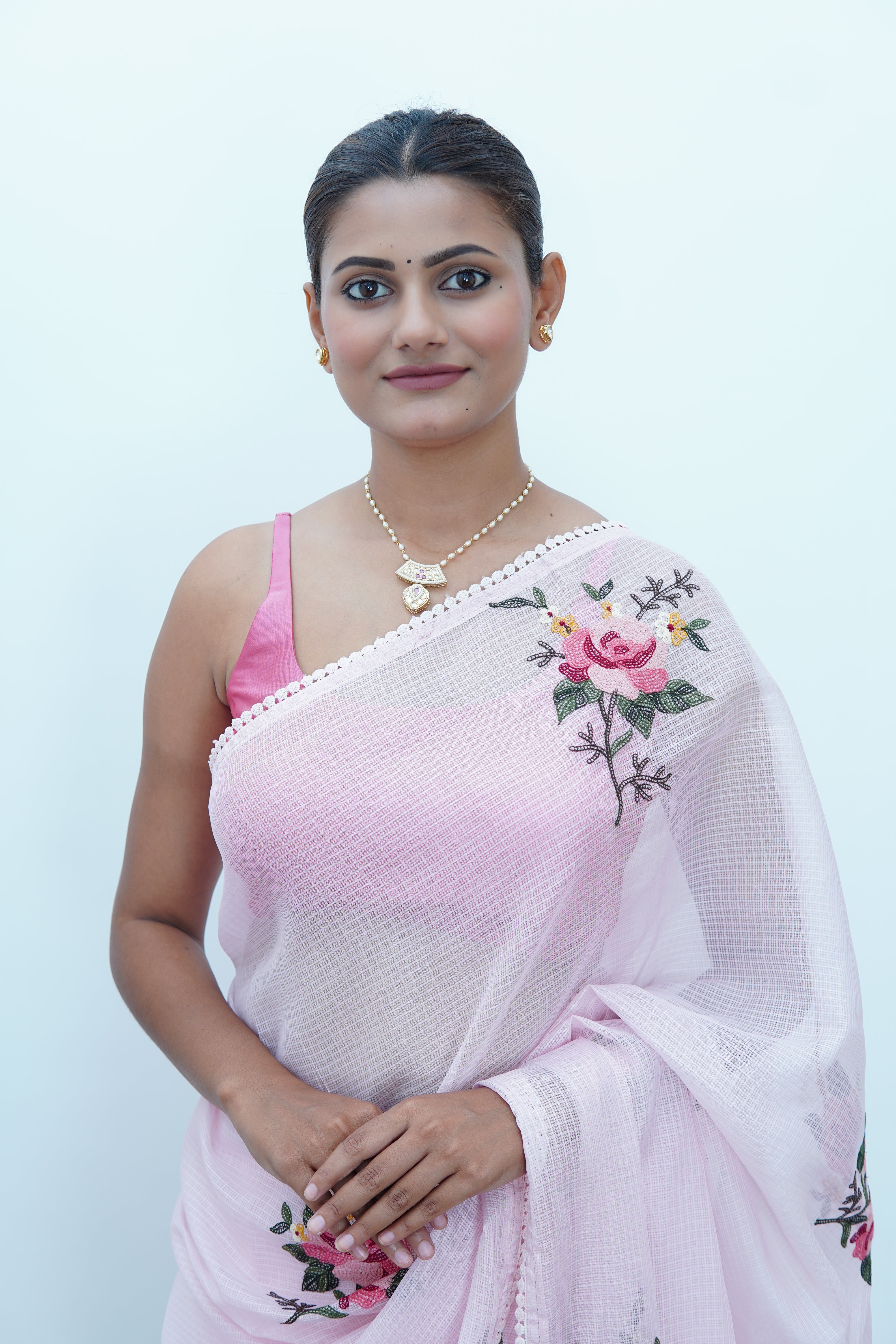 Banarasi fancy kota embroidery saree-Blush pink
