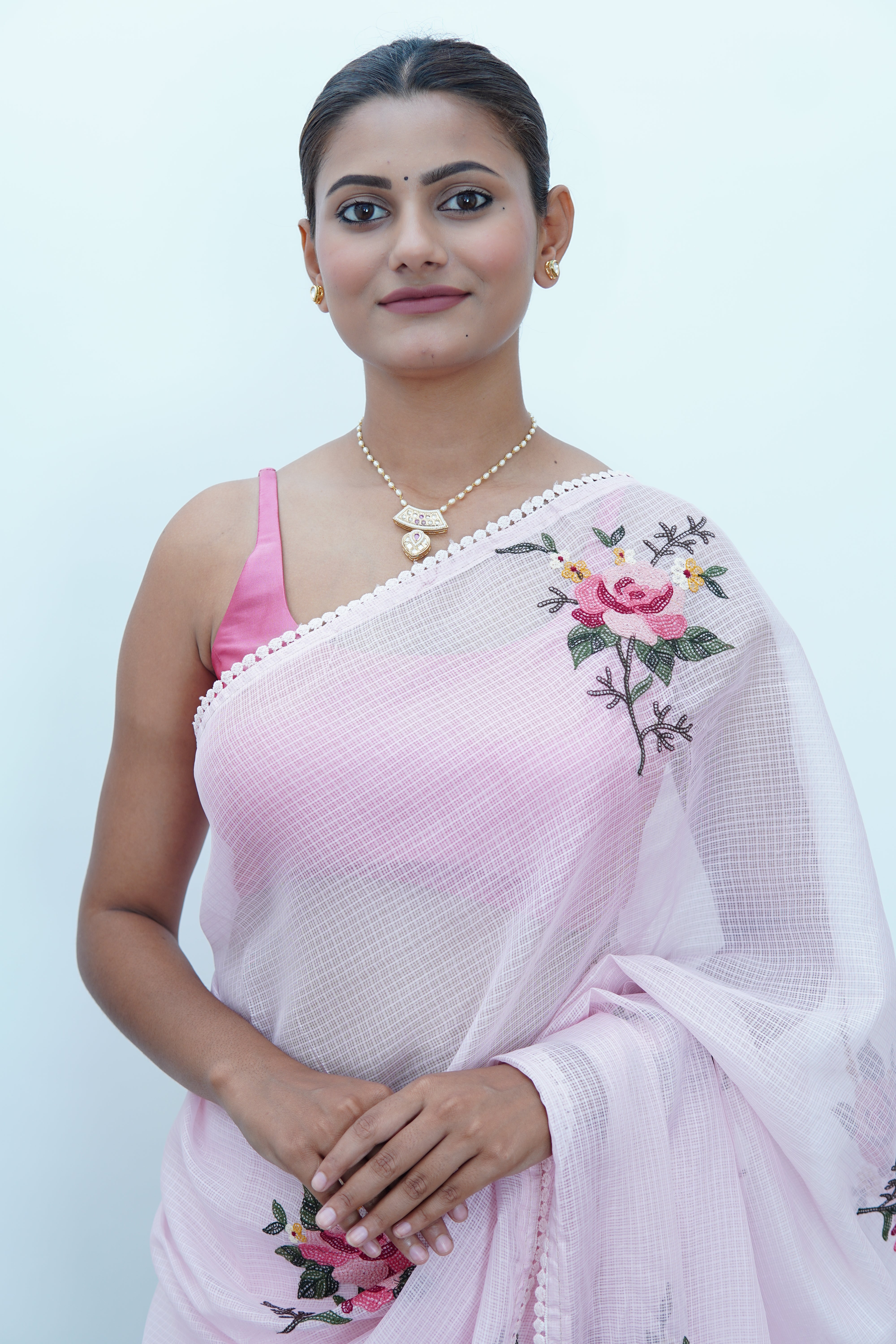 Banarasi fancy kota embroidery saree-Blush pink