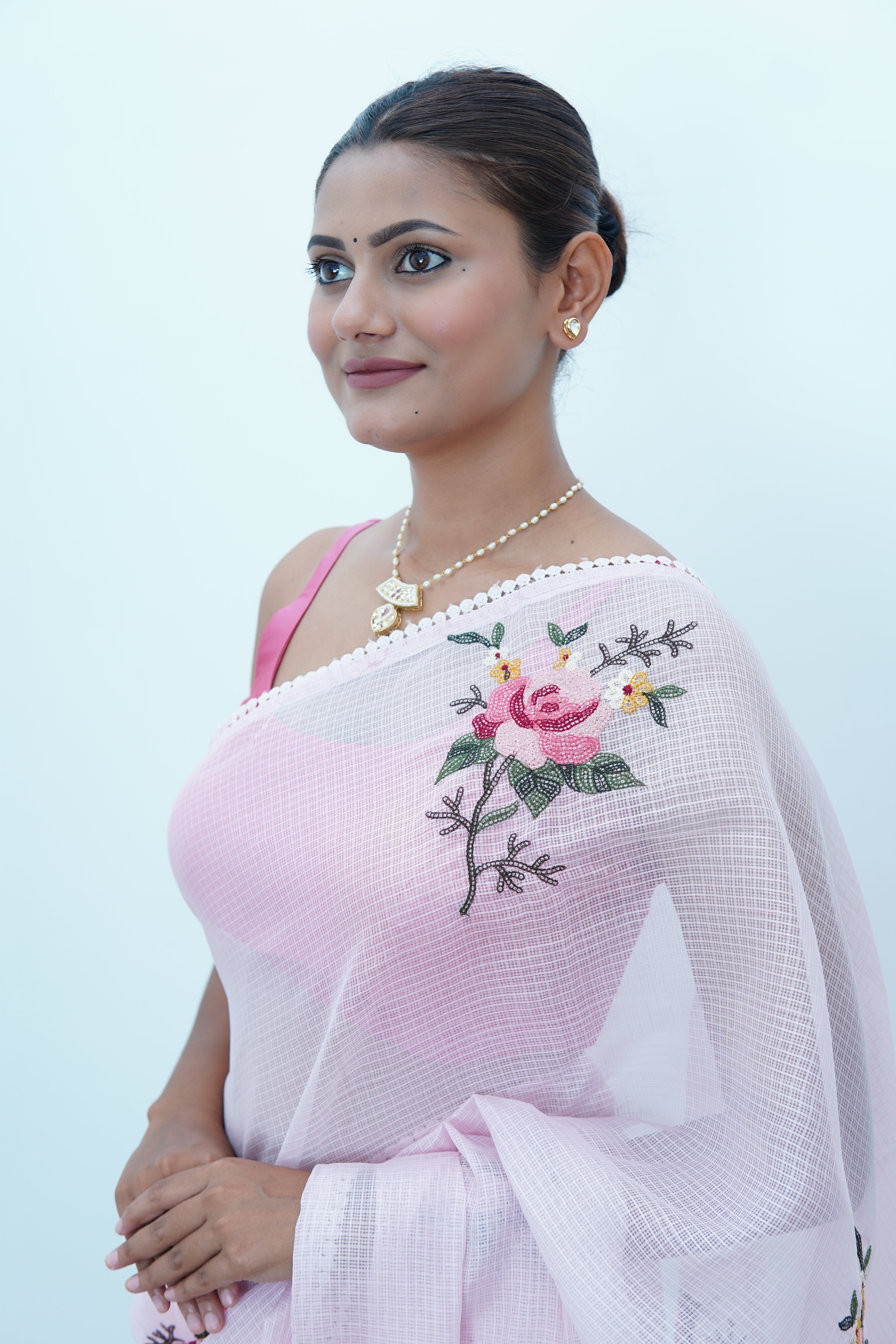 Banarasi fancy kota embroidery saree-Blush pink