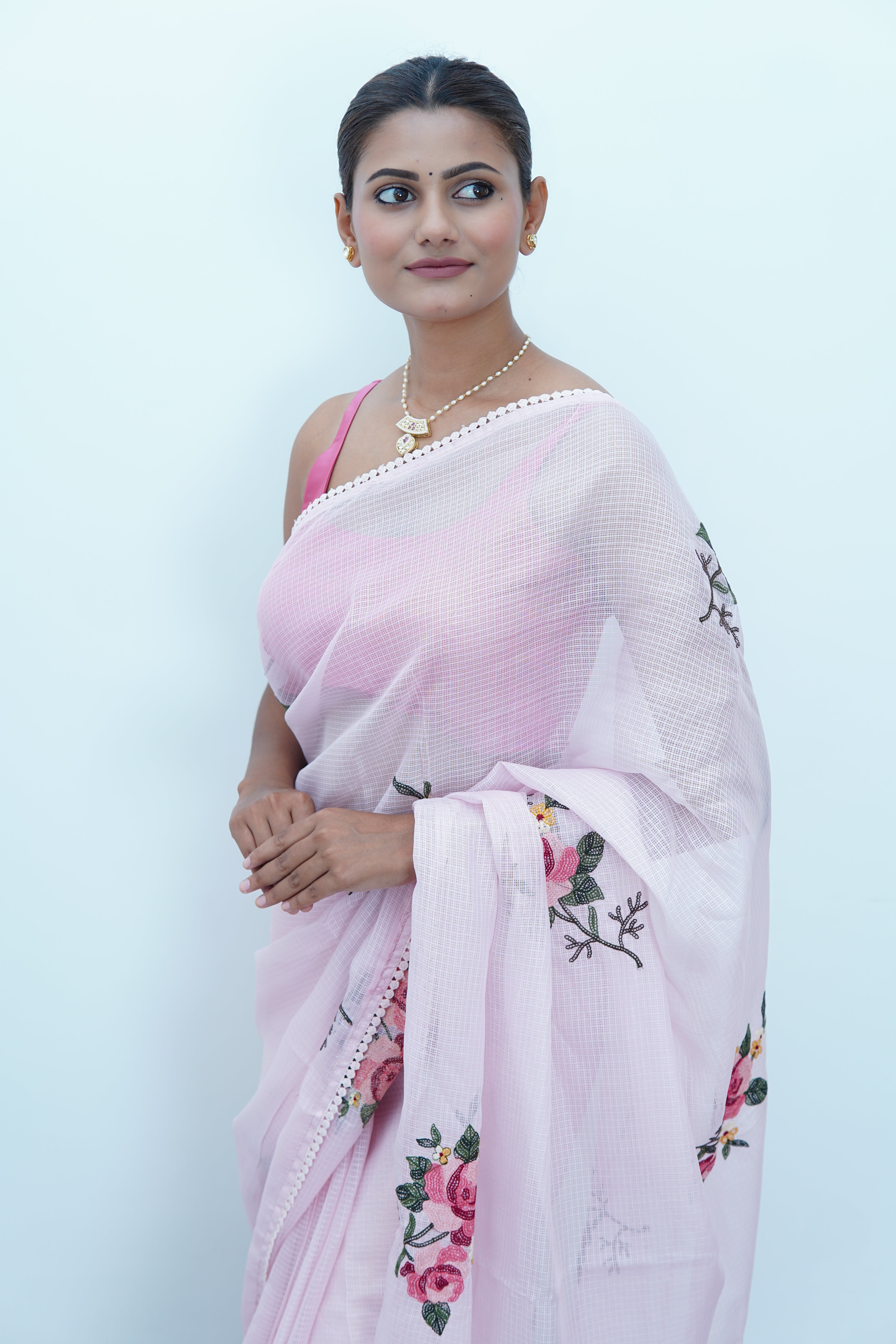 Banarasi fancy kota embroidery saree-Blush pink