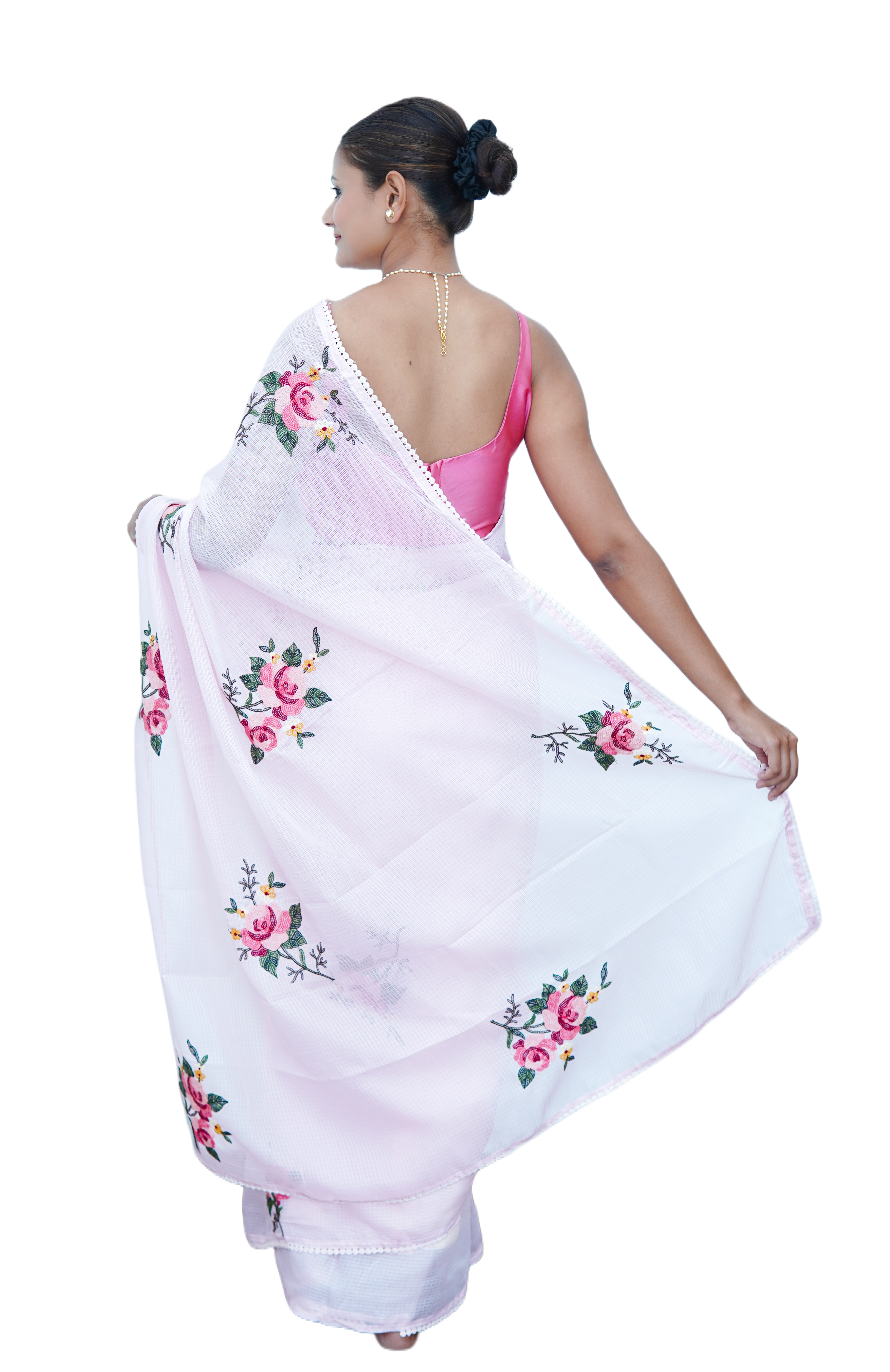 Banarasi fancy kota embroidery saree-Blush pink