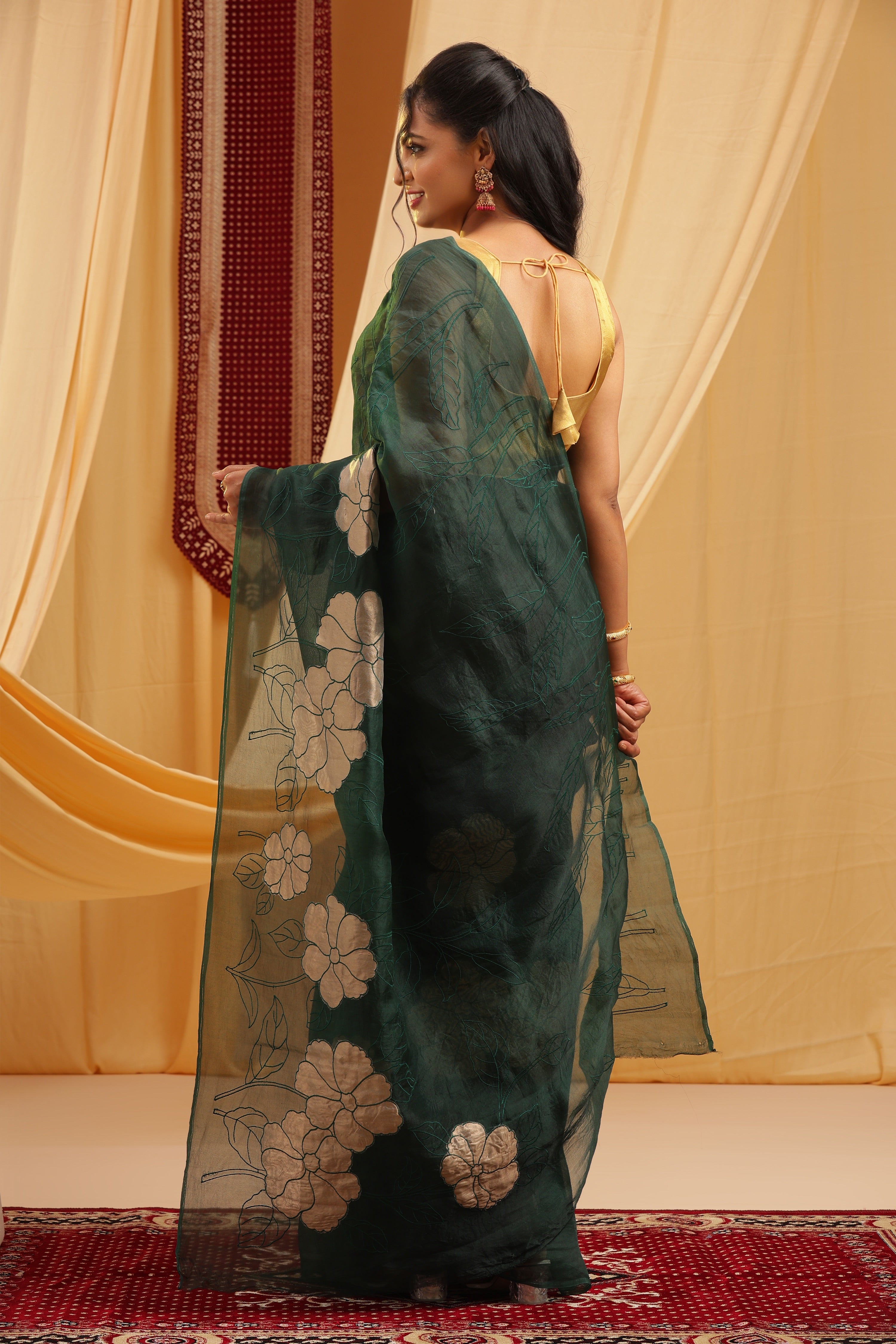 Banarasi Silk Organza Tissue Appliqué Saree - Deep Green