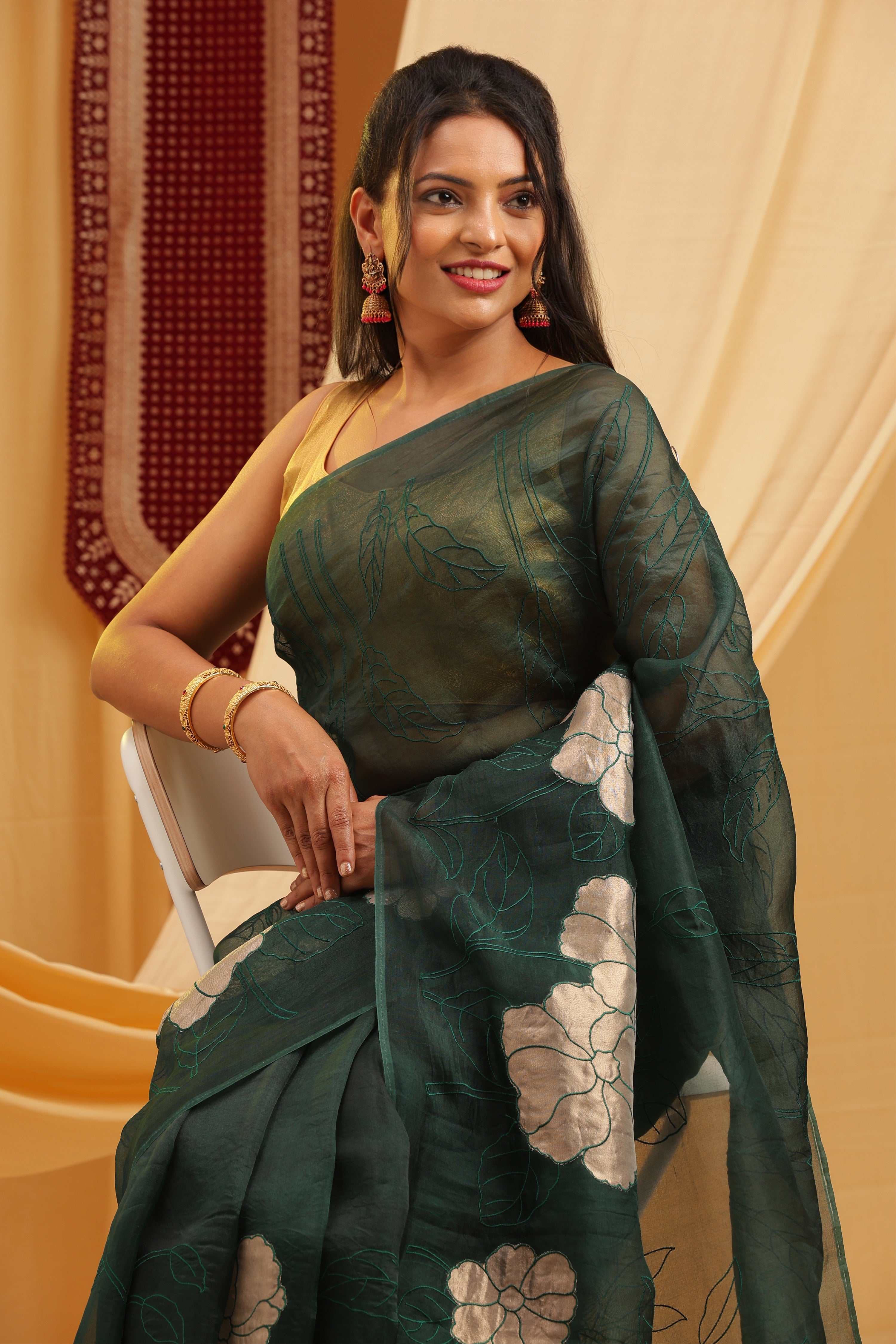 Banarasi Silk Organza Tissue Appliqué Saree - Deep Green