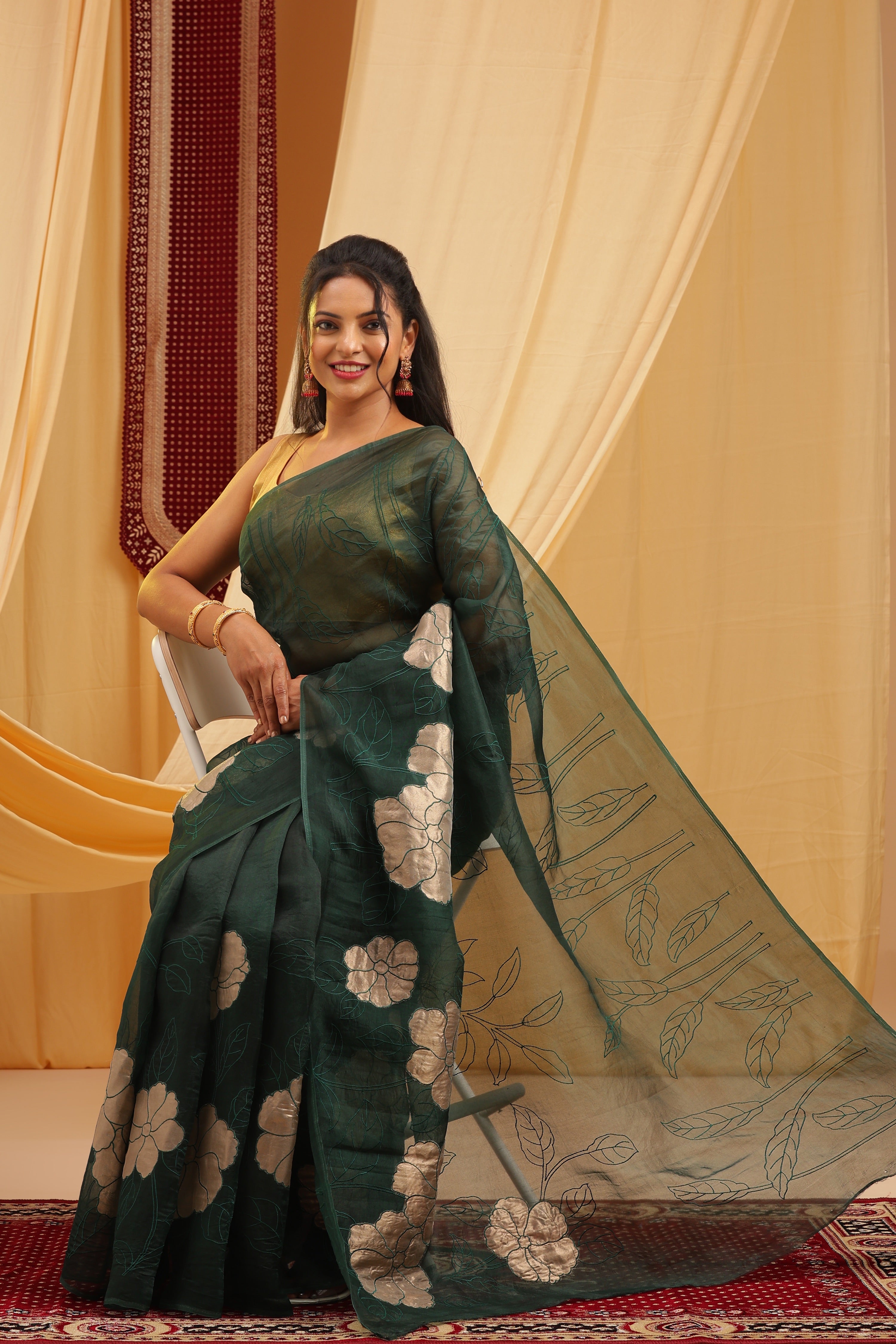 Banarasi Silk Organza Tissue Appliqué Saree - Deep Green