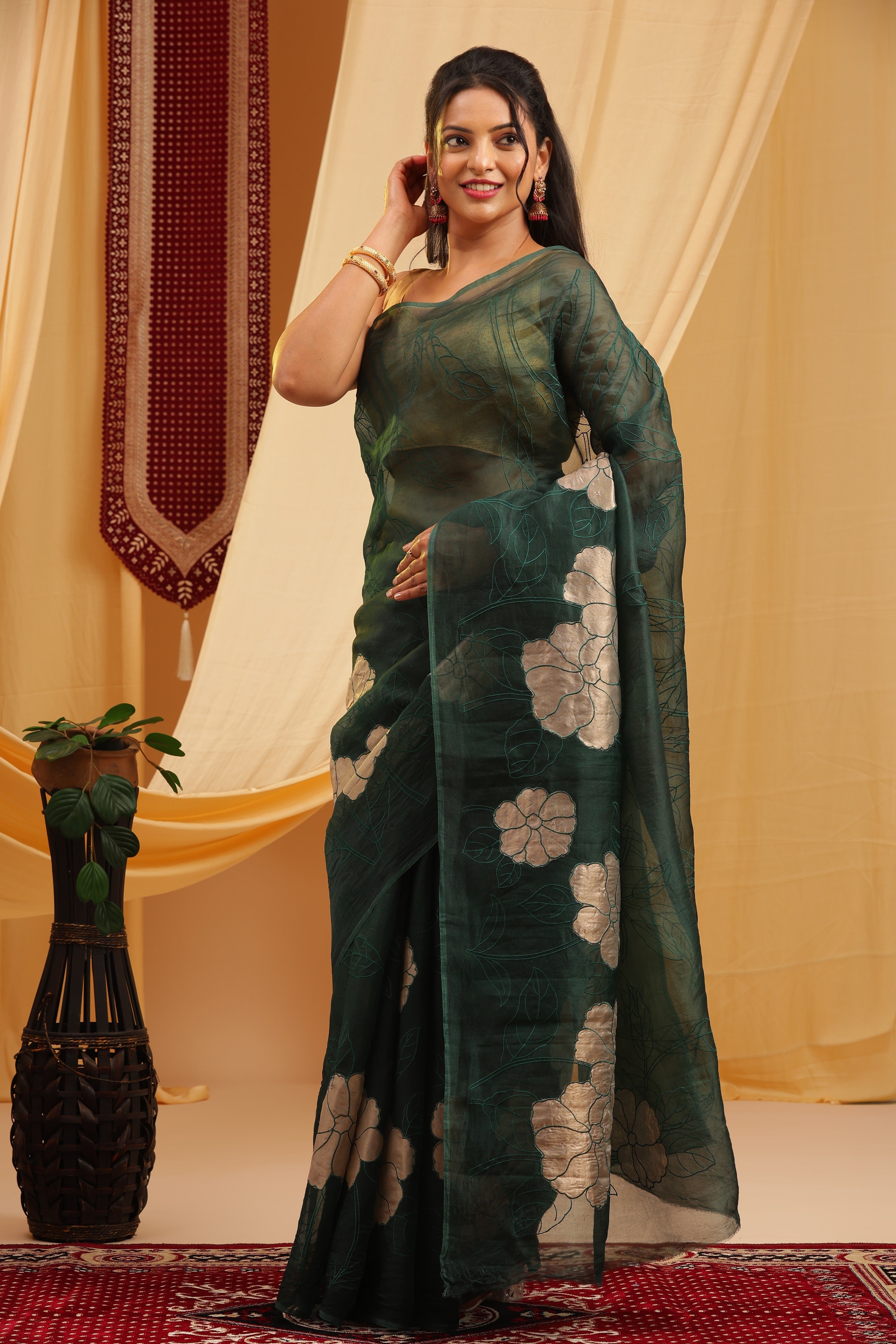 Banarasi Silk Organza Tissue Appliqué Saree - Deep Green