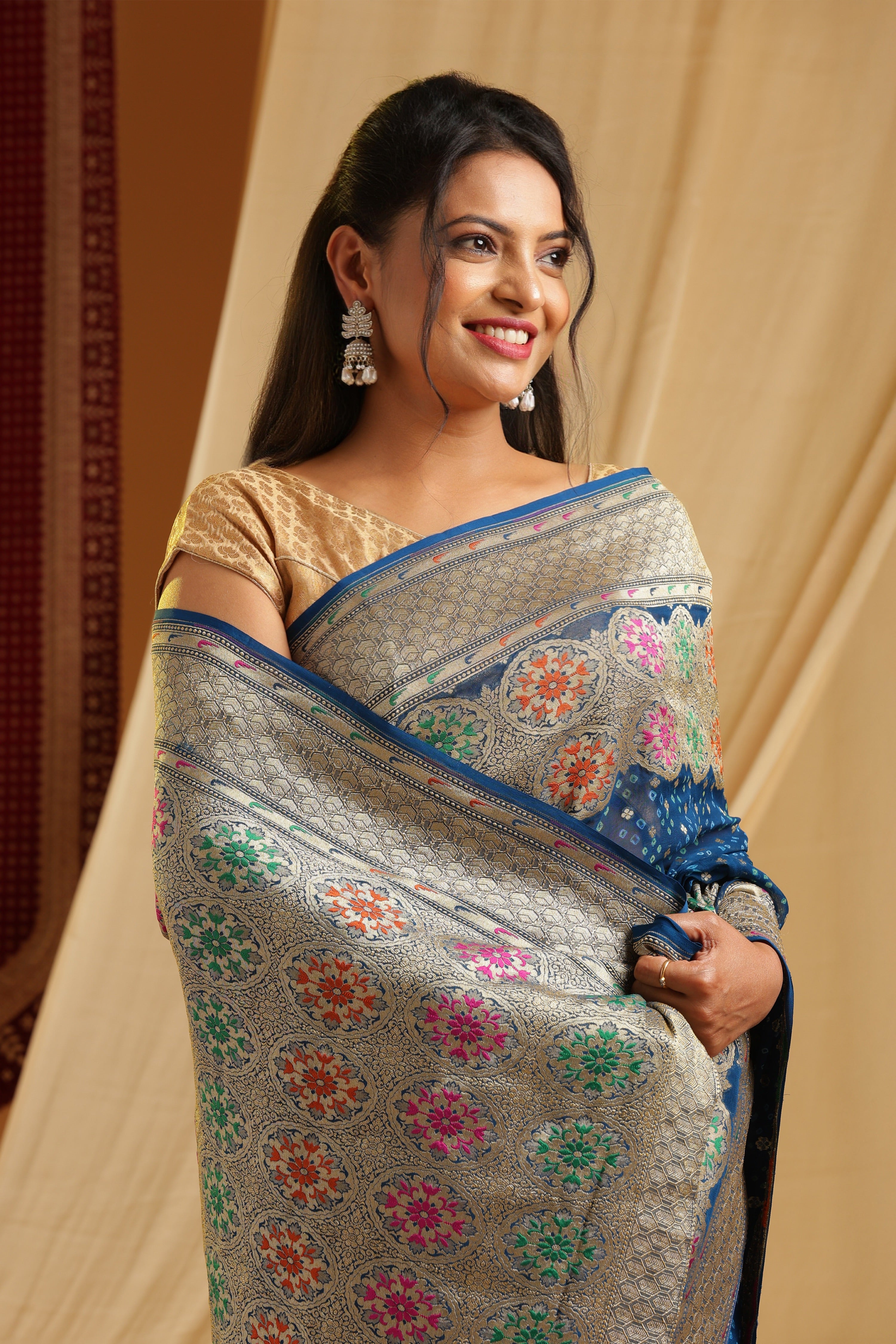 Pure Banarasi Georgette Khaddi Minakari Work Bandhej Saree - Royal Blue