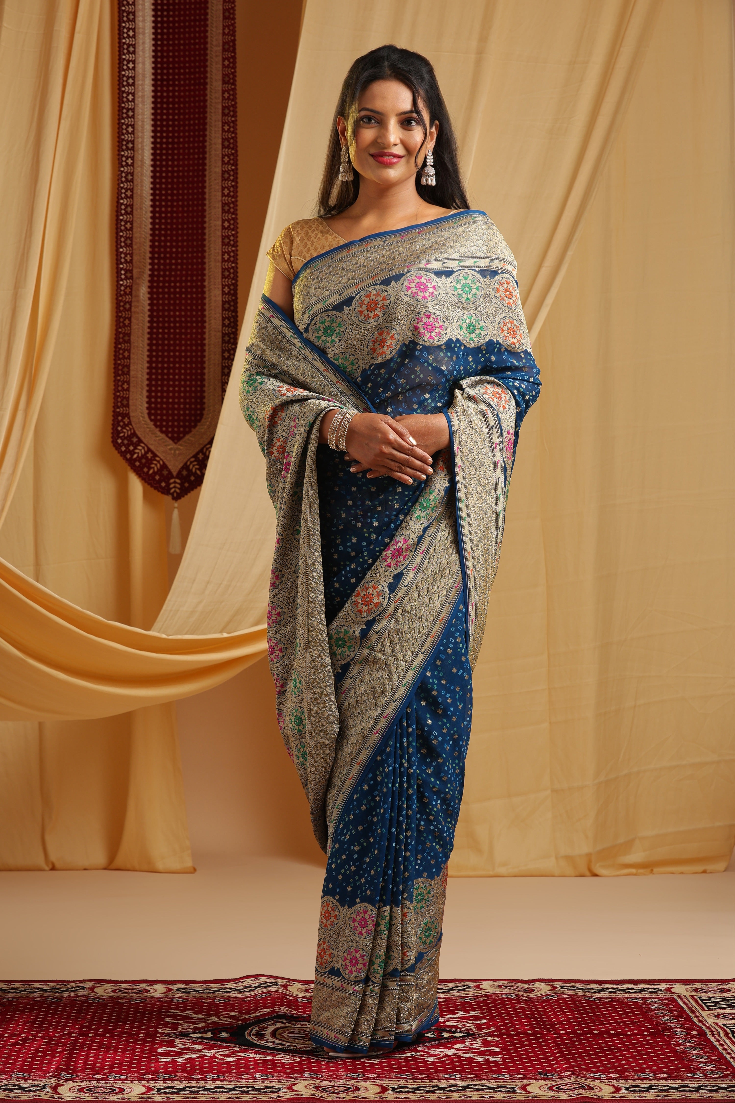 Pure Banarasi Georgette Khaddi Minakari Work Bandhej Saree - Royal Blue