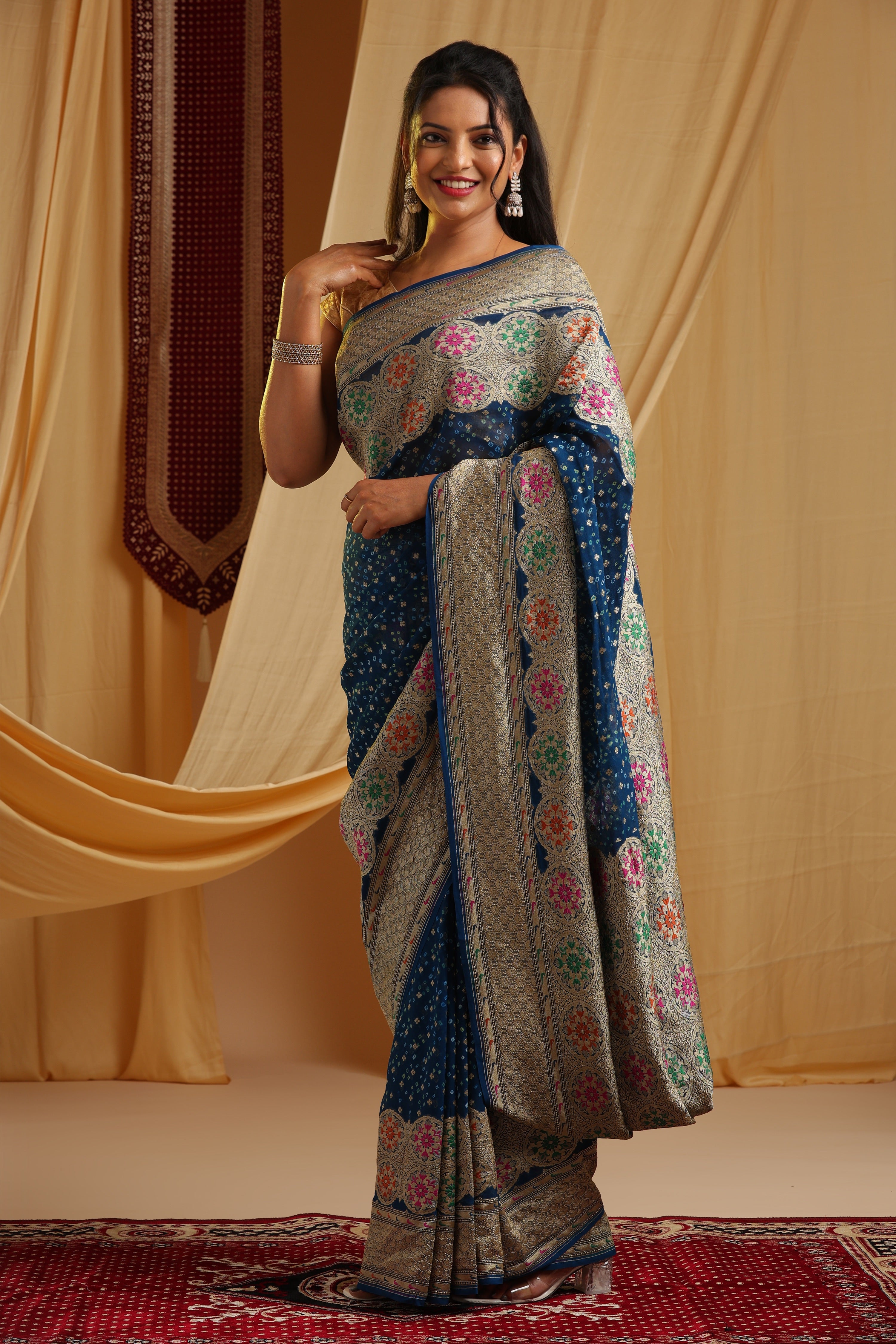 Pure Banarasi Georgette Khaddi Minakari Work Bandhej Saree - Royal Blue