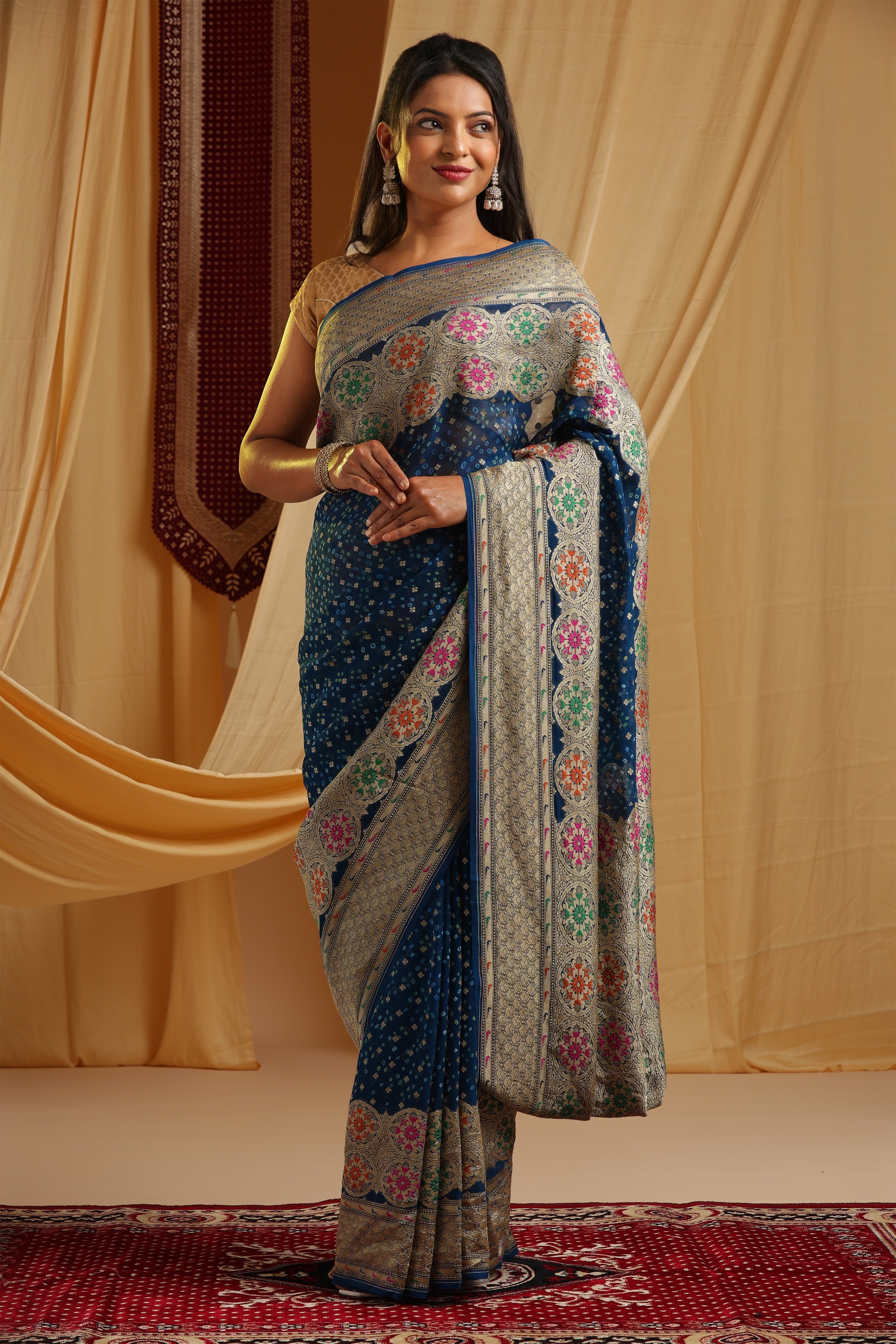 Pure Banarasi Georgette Khaddi Minakari Work Bandhej Saree - Royal Blue