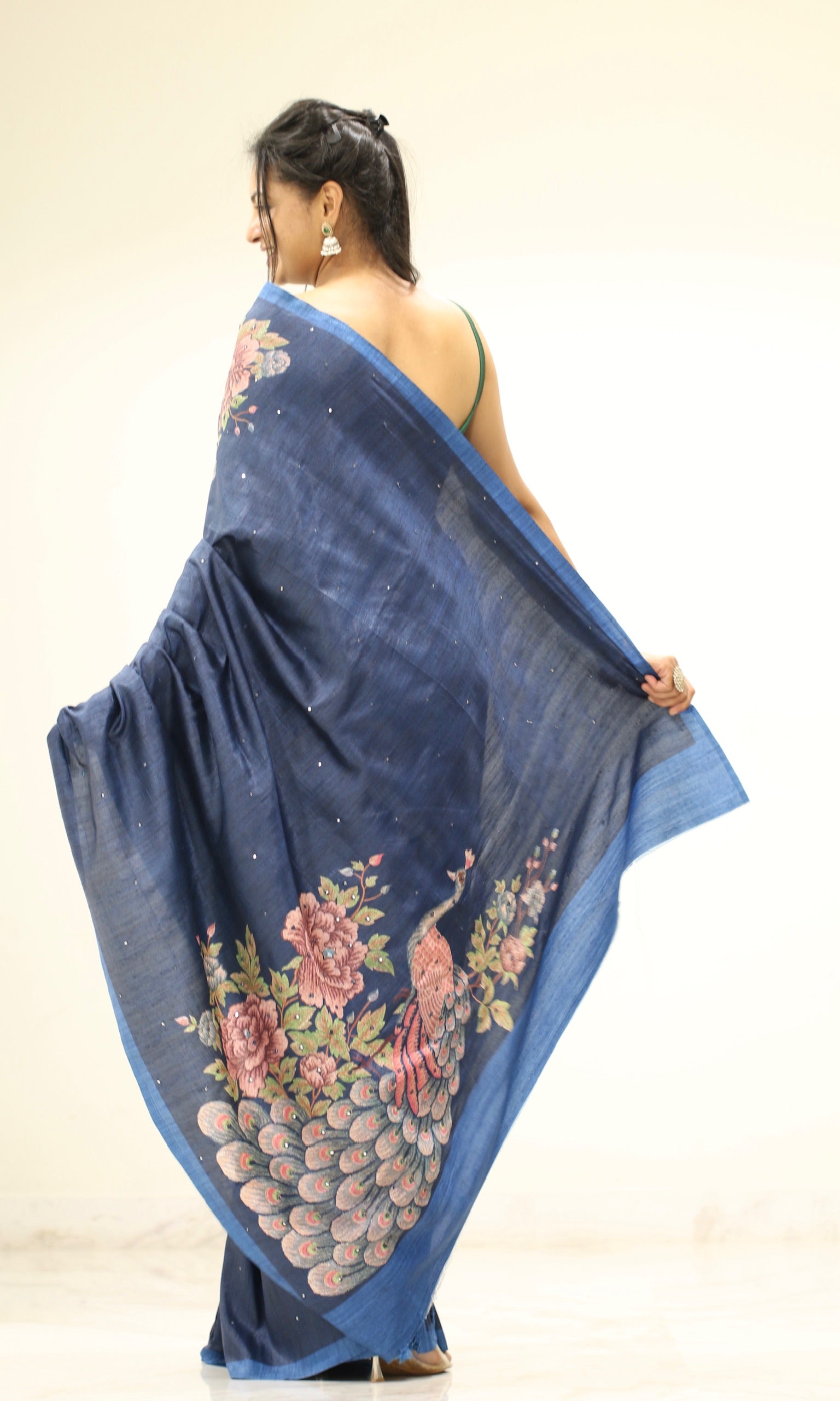 Banarasi Tusser Silk Butti Saree - Navy Blue