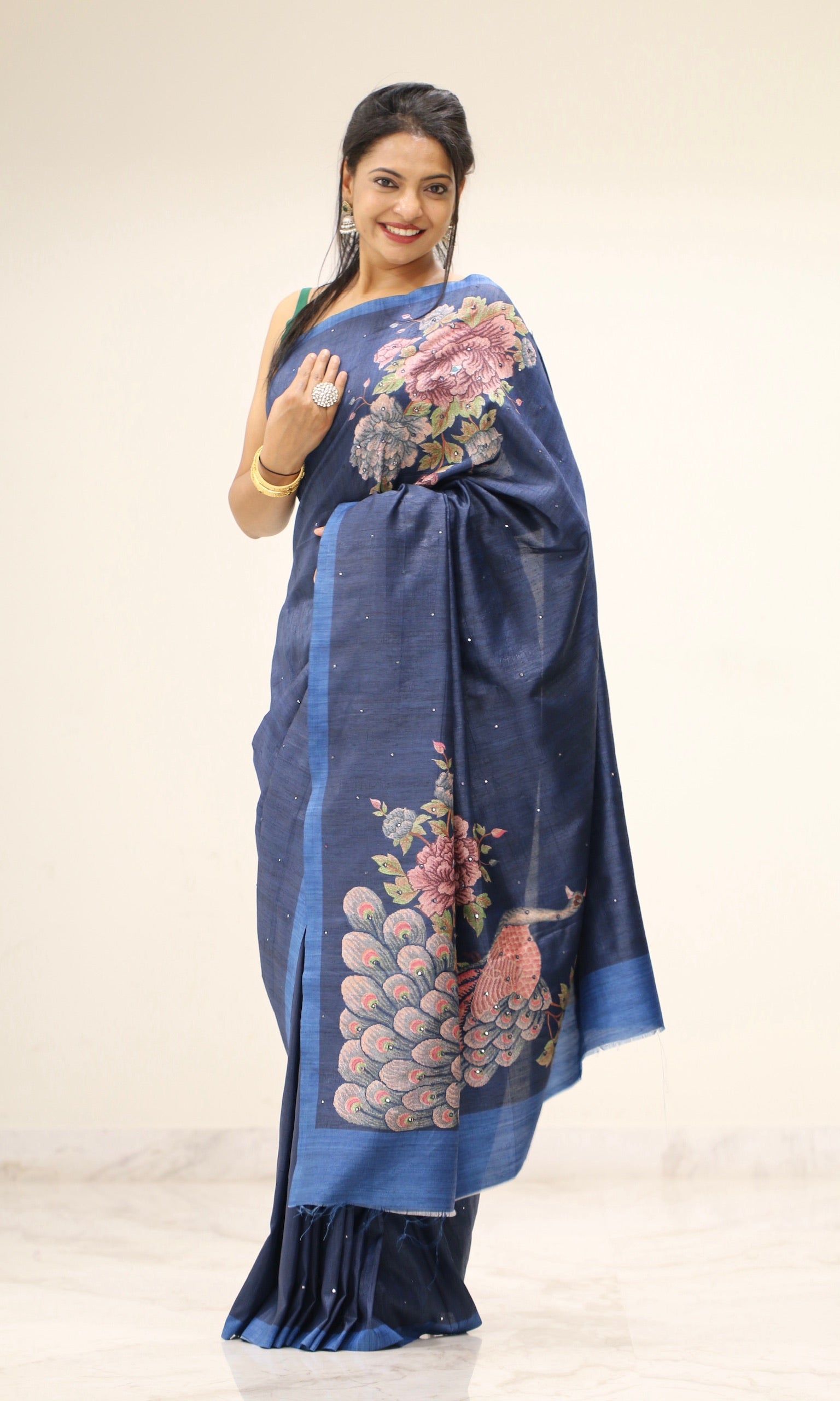 Banarasi Tusser Silk Butti Saree - Navy Blue