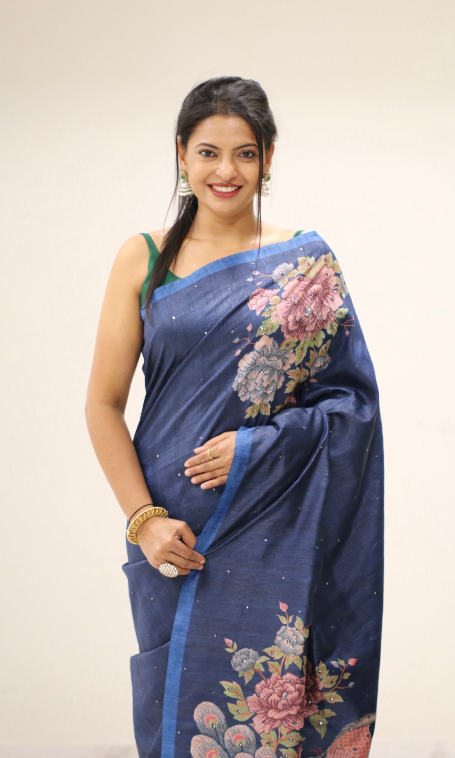 Banarasi Tusser Silk Butti Saree - Navy Blue