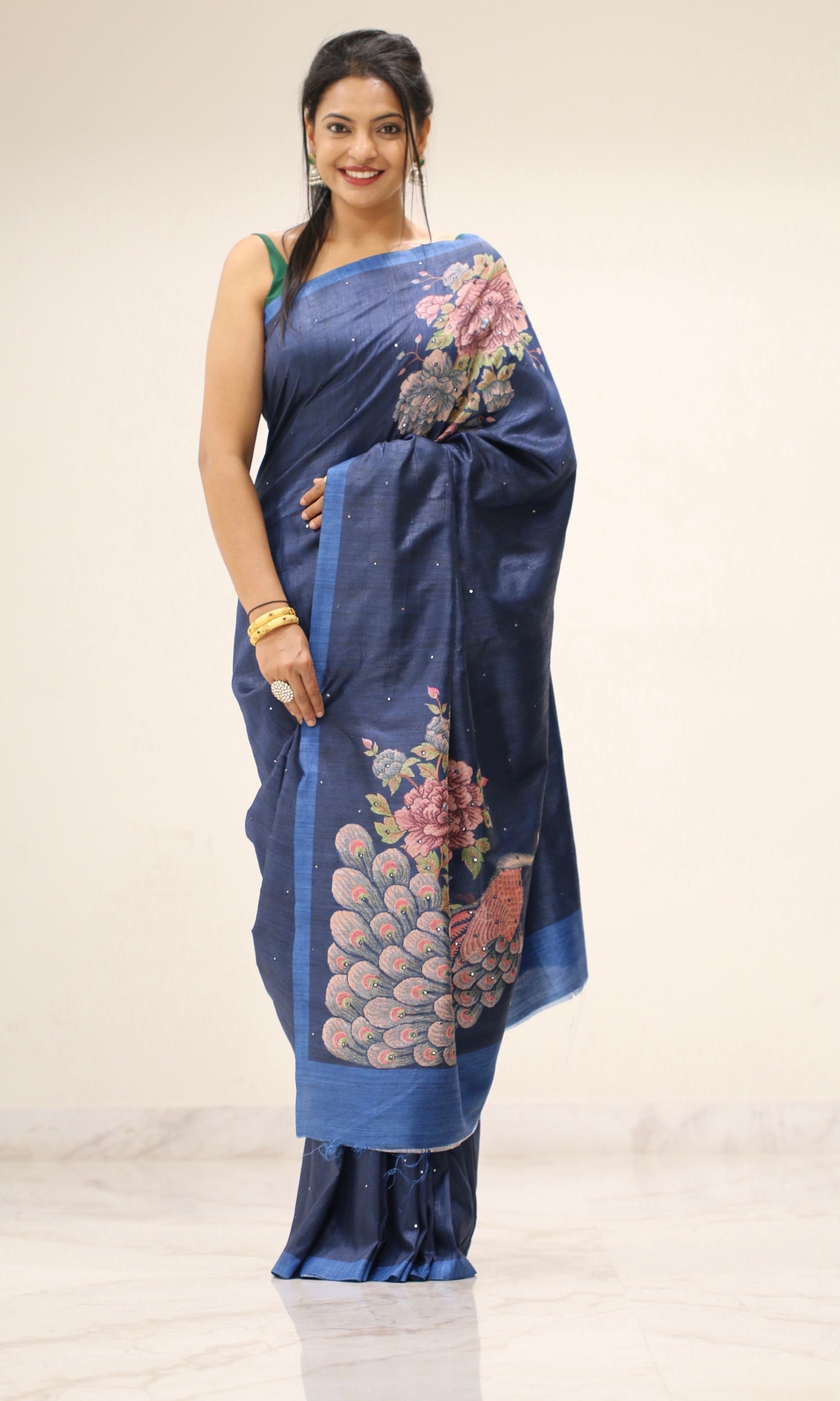 Banarasi Tusser Silk Butti Saree - Navy Blue