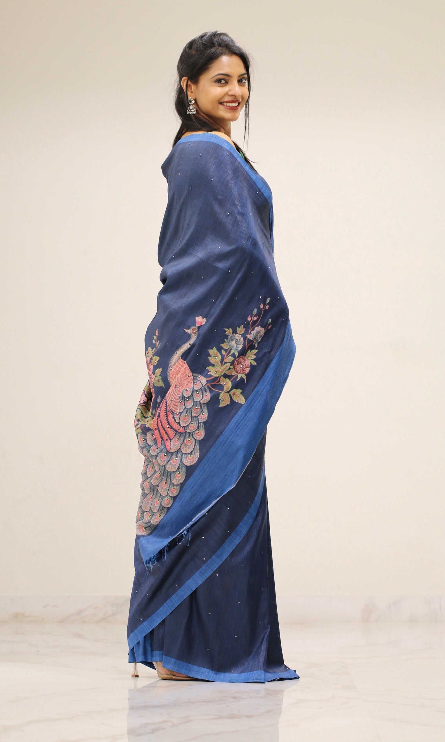 Banarasi Tusser Silk Butti Saree - Navy Blue