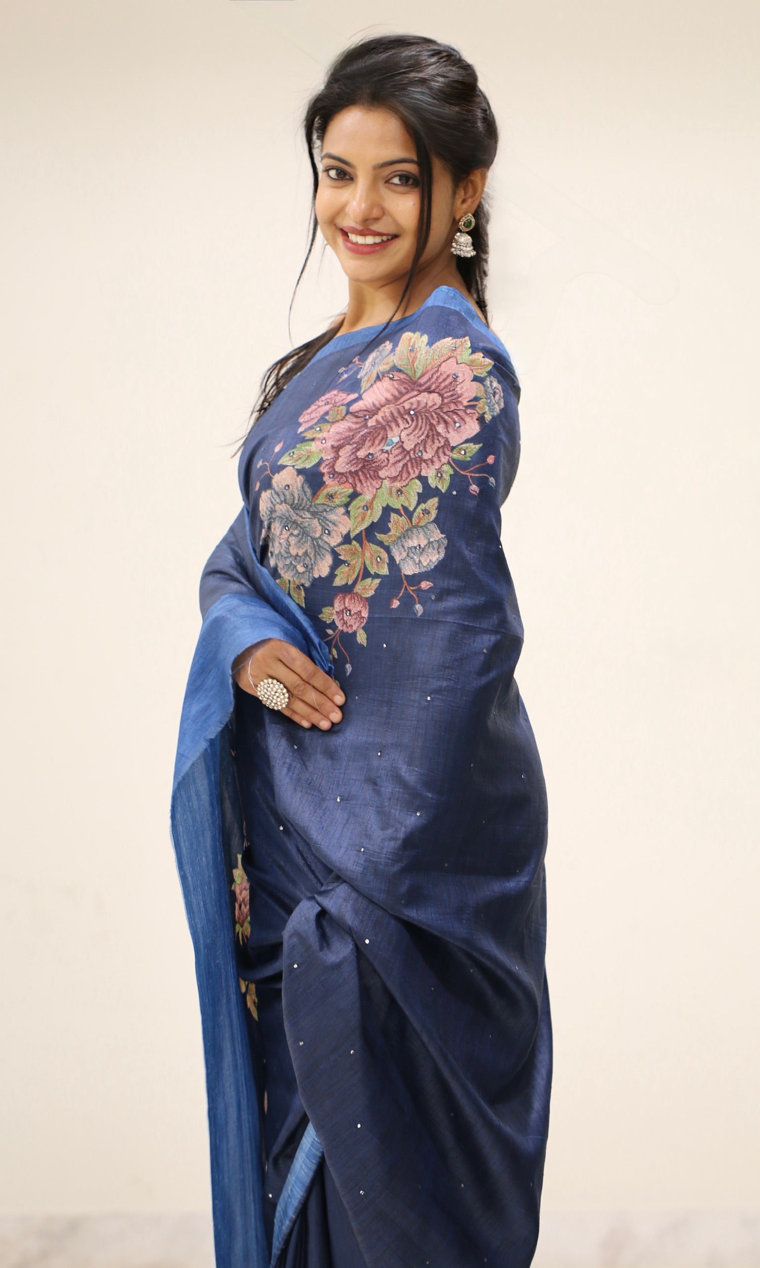 Banarasi Tusser Silk Butti Saree - Navy Blue