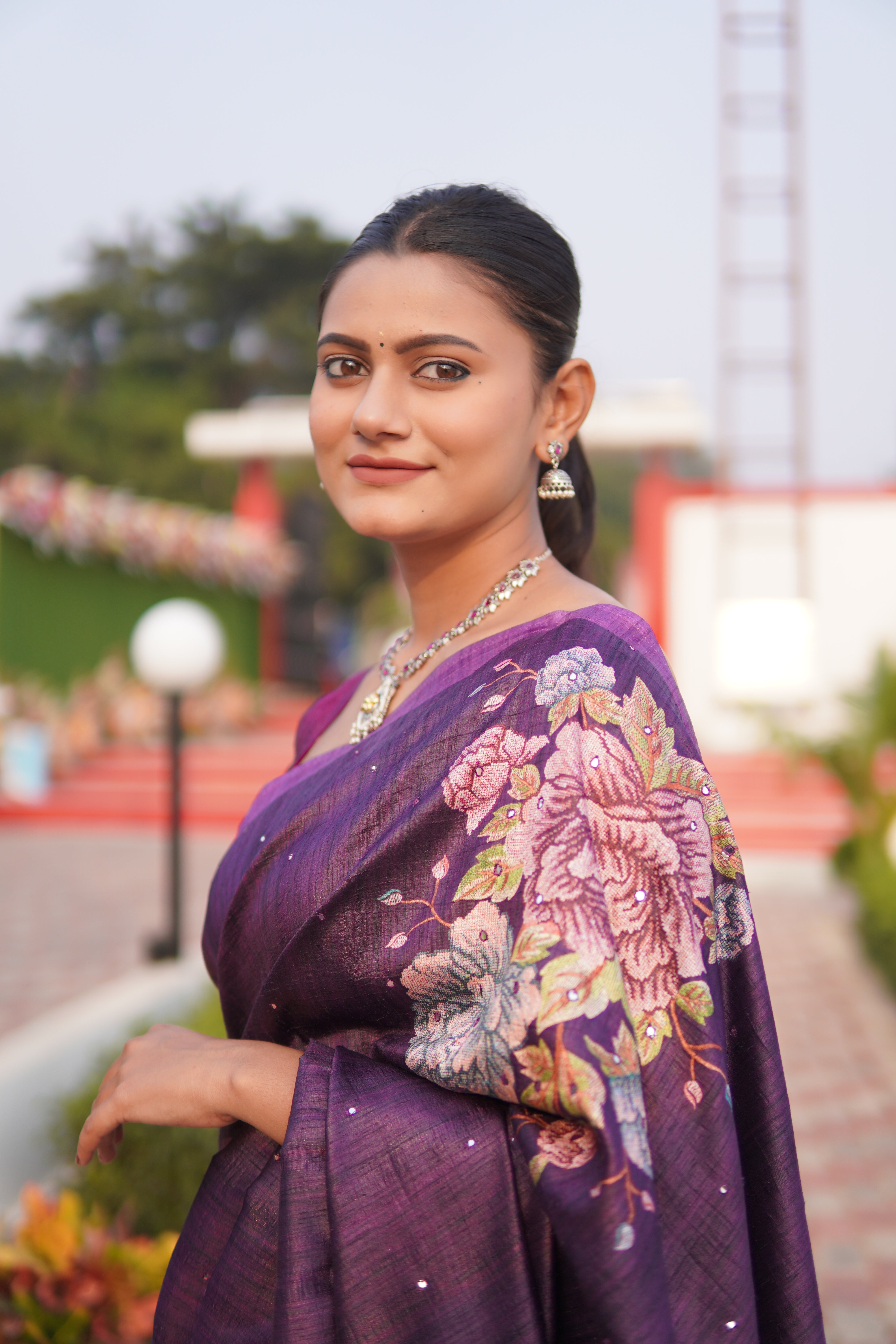 Banarasi Tusser Silk Butti Saree - Dark Purple