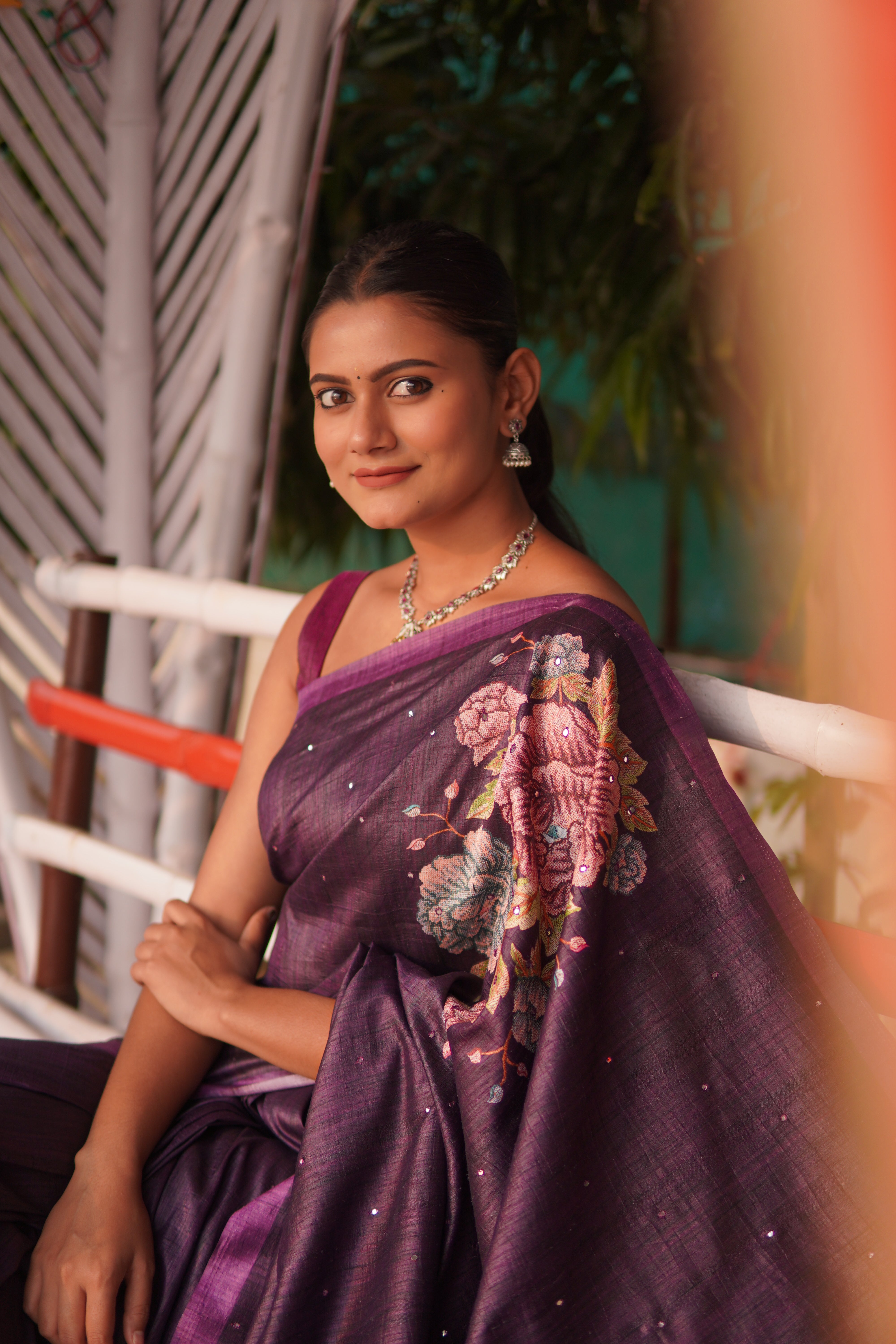 Banarasi Tusser Silk Butti Saree - Dark Purple