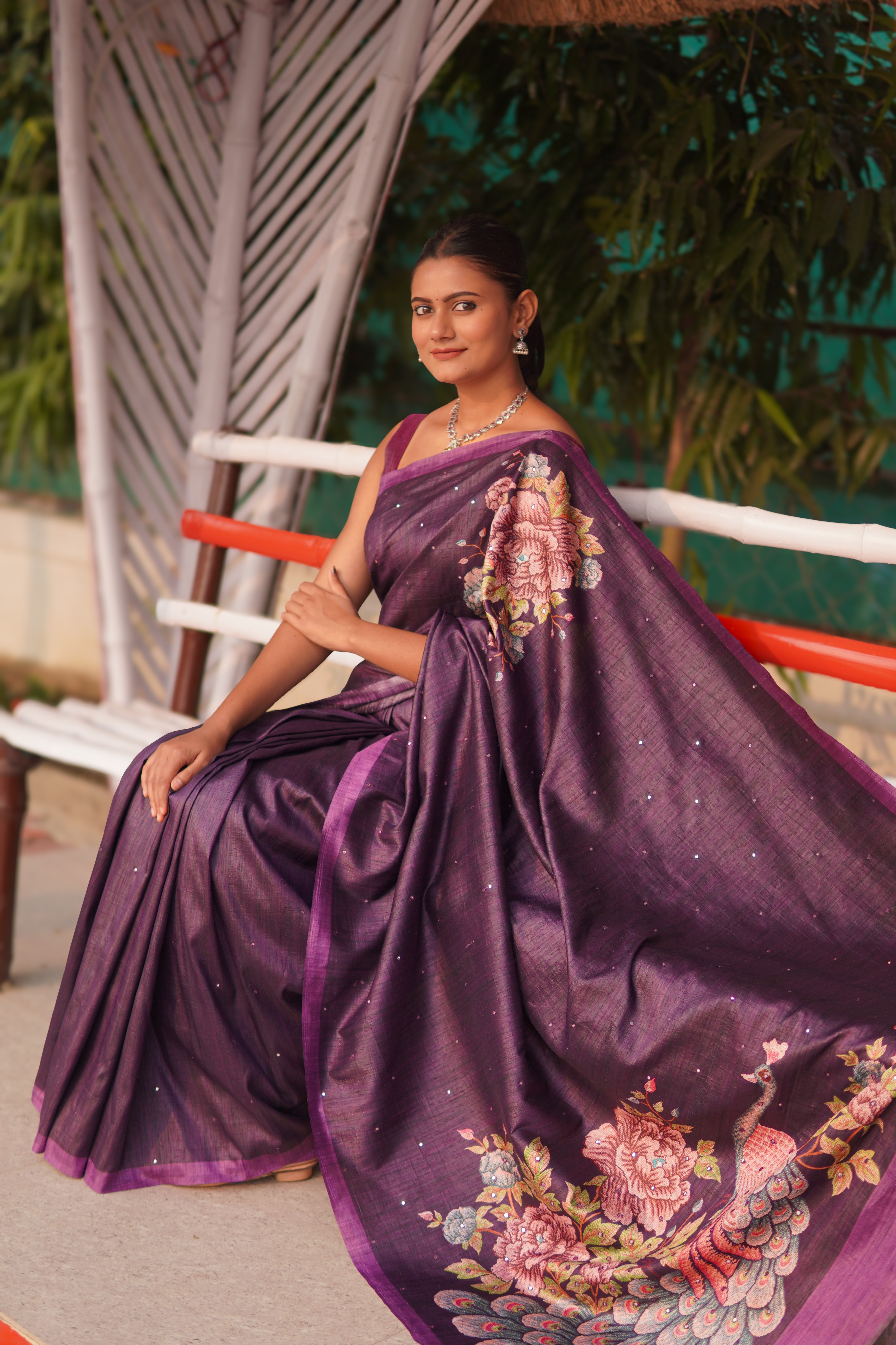 Banarasi Tusser Silk Butti Saree - Dark Purple
