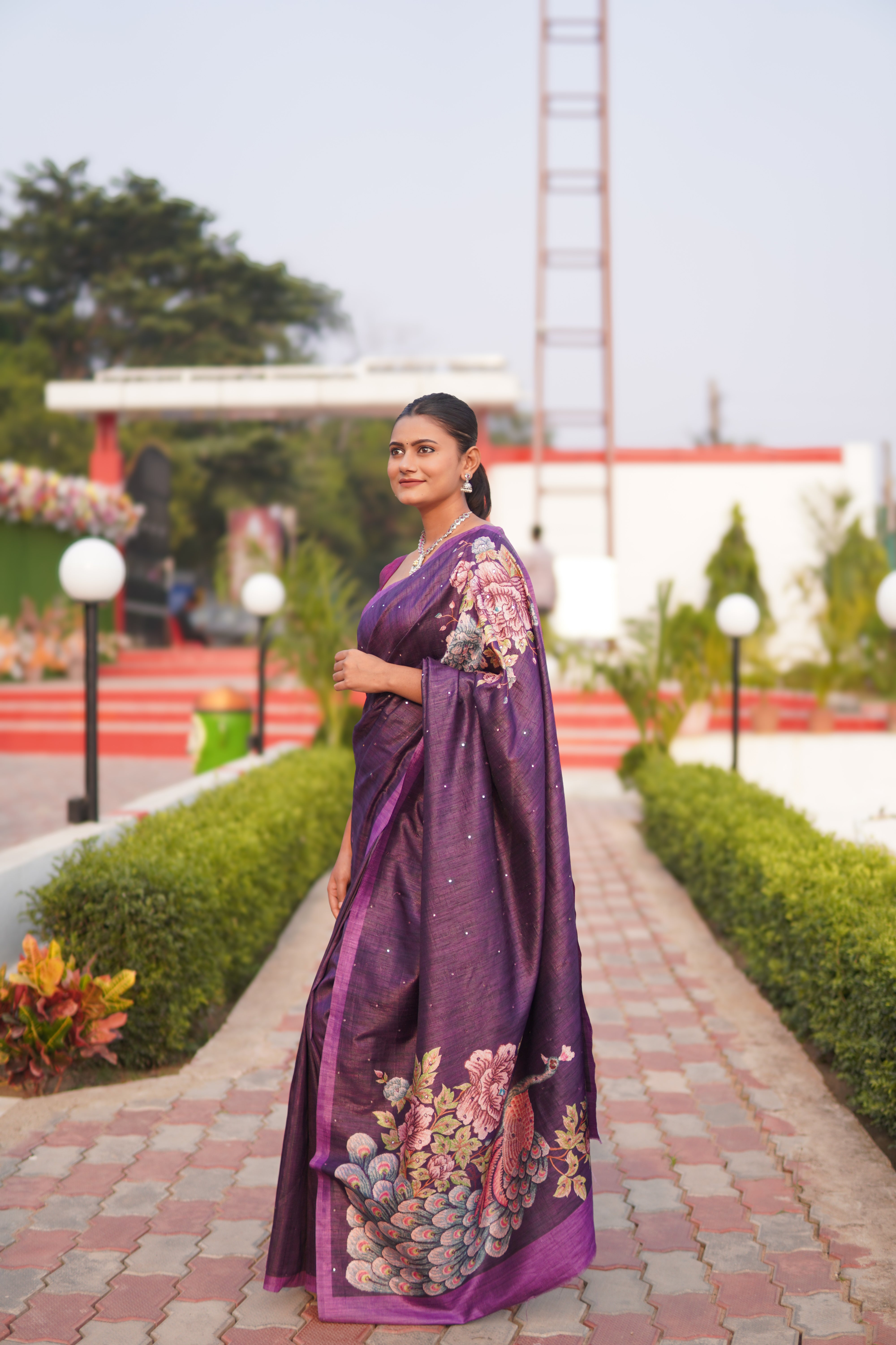 Banarasi Tusser Silk Butti Saree - Dark Purple